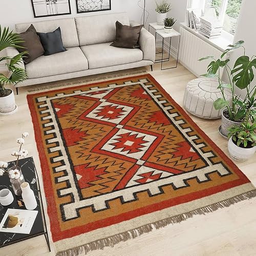 Sanwariya Rugs Handwoven Kilim Area Rug Geometric Pattern Wool Jute Blend Indoor