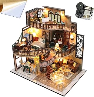 WonDerfulC DIY Assembled House Doll House 3D Wooden Miniature Doll House Furniture Toy Kit with Dustproof and Music Movement 1:24 Scale Creative Gift for Family and Friends