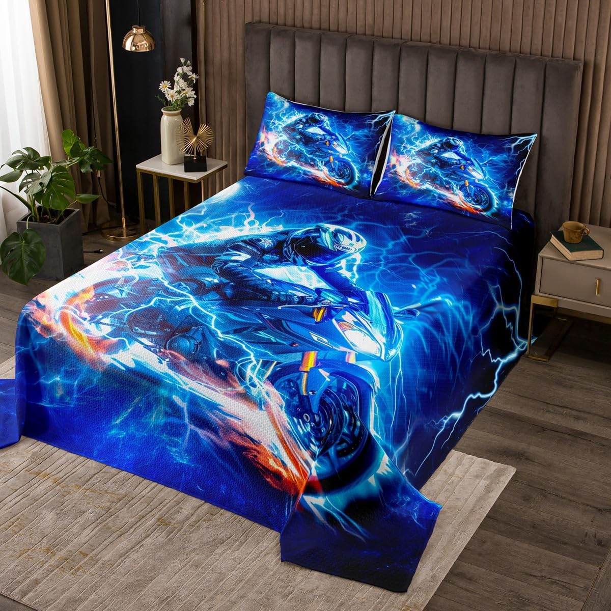 Motocross Rider Quilted Coverlet Extreme Sports Coverlet Set Modern Motorcycle Design Bedspread for Children Kids Boys Girls Dirt Bike Motorbike Quilted Bright Room Decor Bedding Collection Twin Size