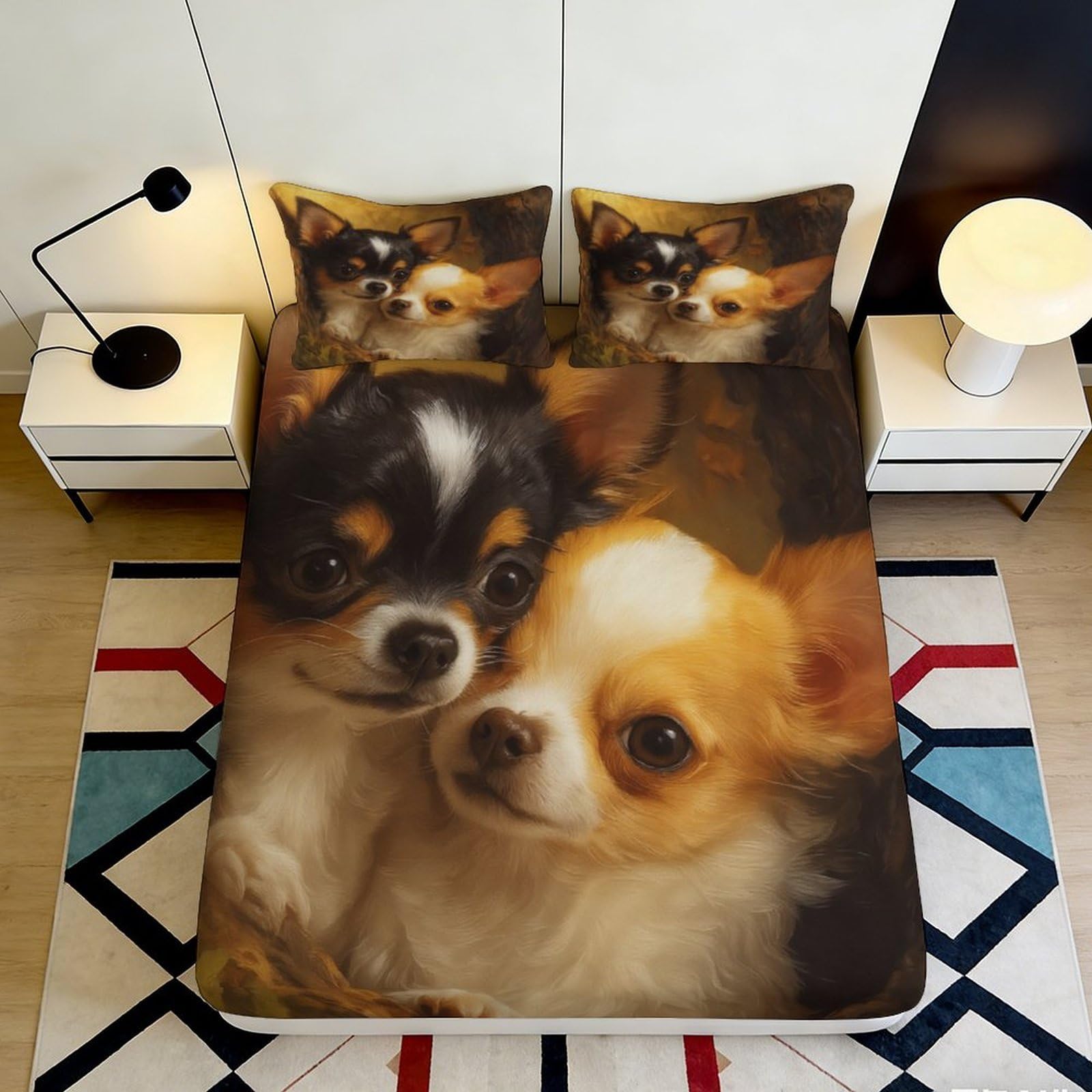 3D Printed Chihuahua Dog Fitted Sheet Microfiber Soft Anti-Slip Bed Cover for Bedroom Guest Room Mattress Decor 90x200x25cm