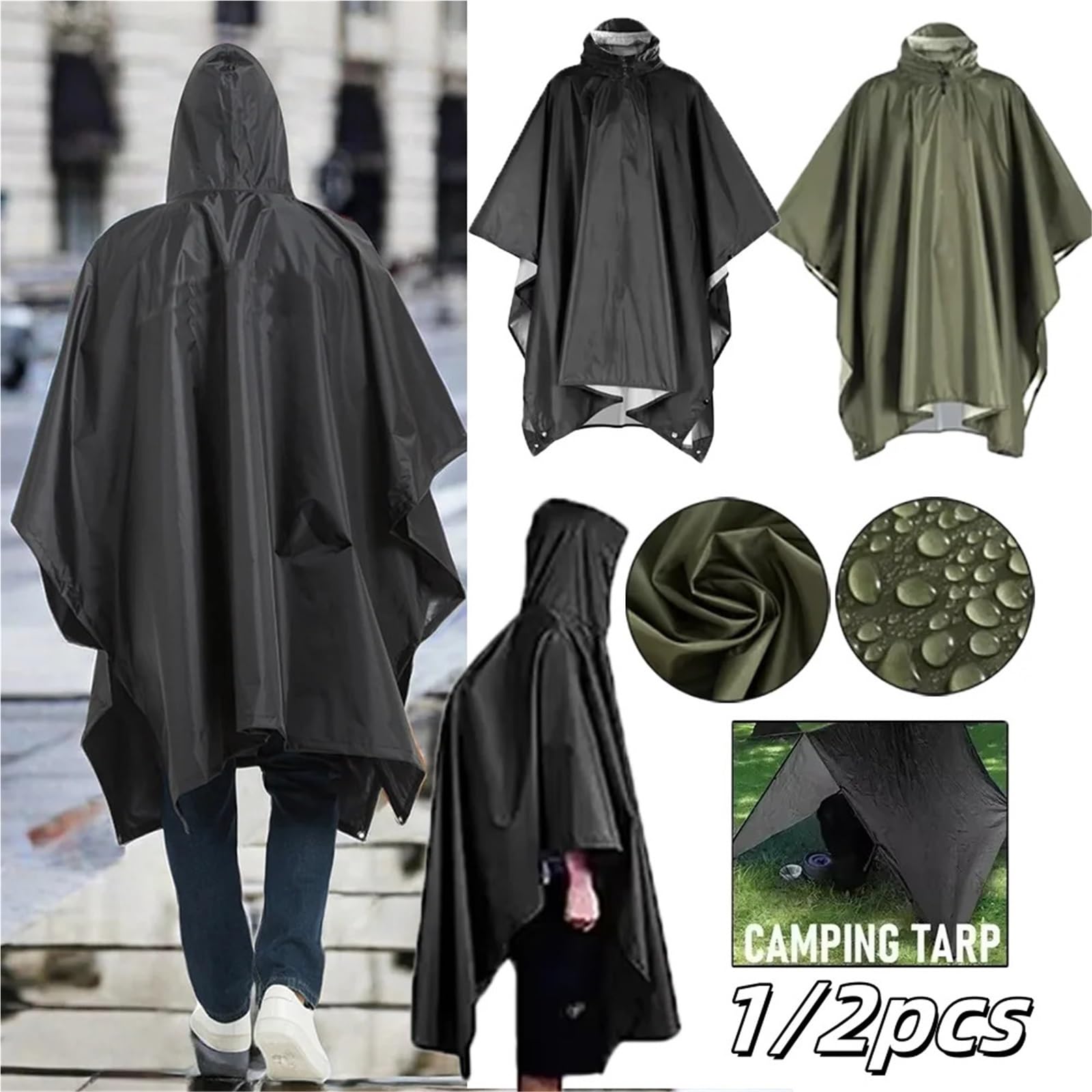 Poncho Pluie Imperméable 1/2 pièces extérieur 3 en 1 à capuche manches portable imperméable poncho camping randonnée voyage vélo housse de pluie tente(2pcs Black)