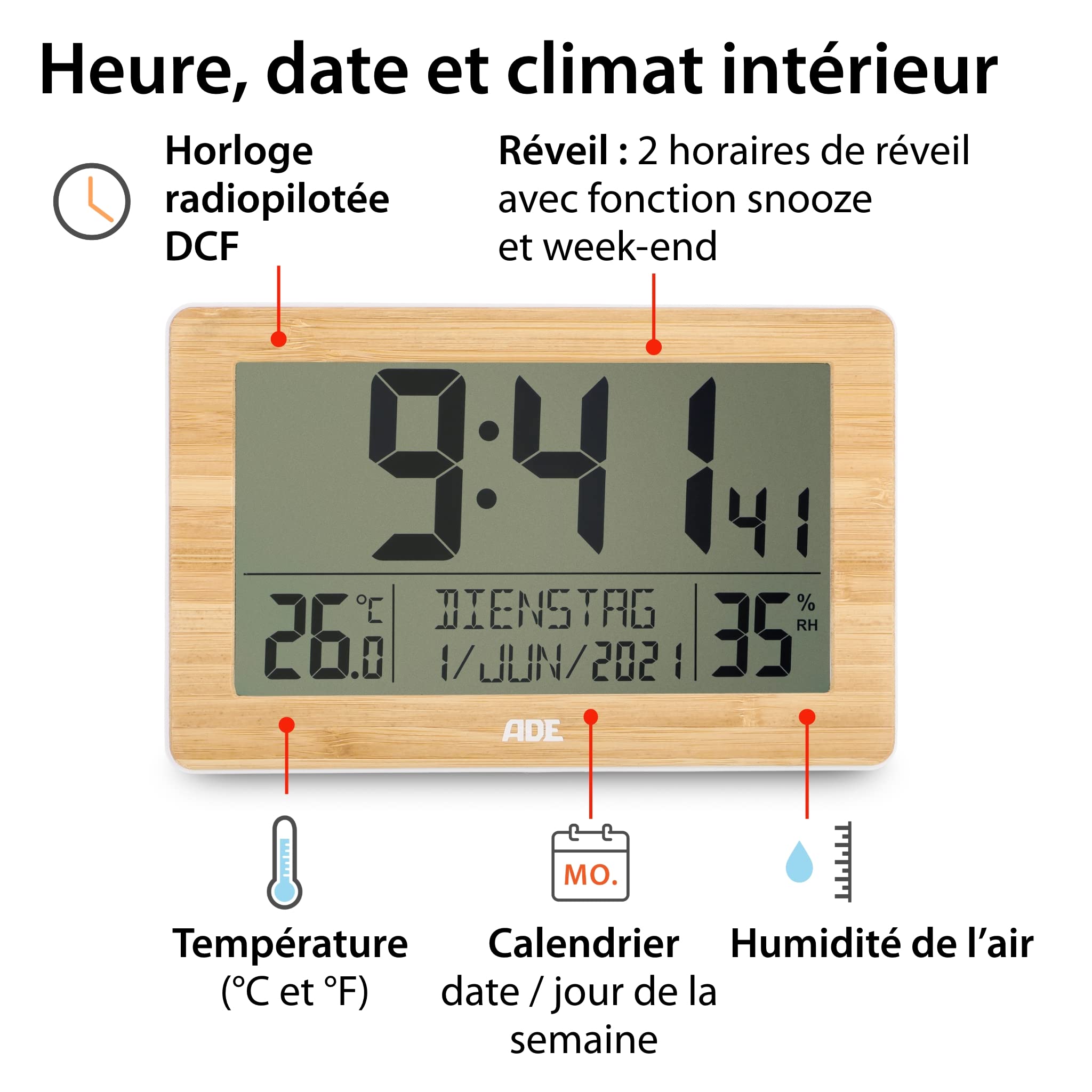 ADE Horloge radiopilotée numérique XL avec très Grands Chiffres | Horloge de Table avec 2 Heures