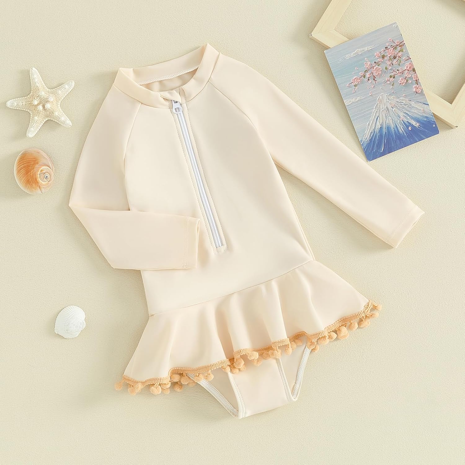 Yccutest Toddler Floral Bathing Suit Girls Long Sleeve Zipper Ruffle Tassel One Piece Swimsuit Kids Rash Guard Swimwear Beach - Image 4