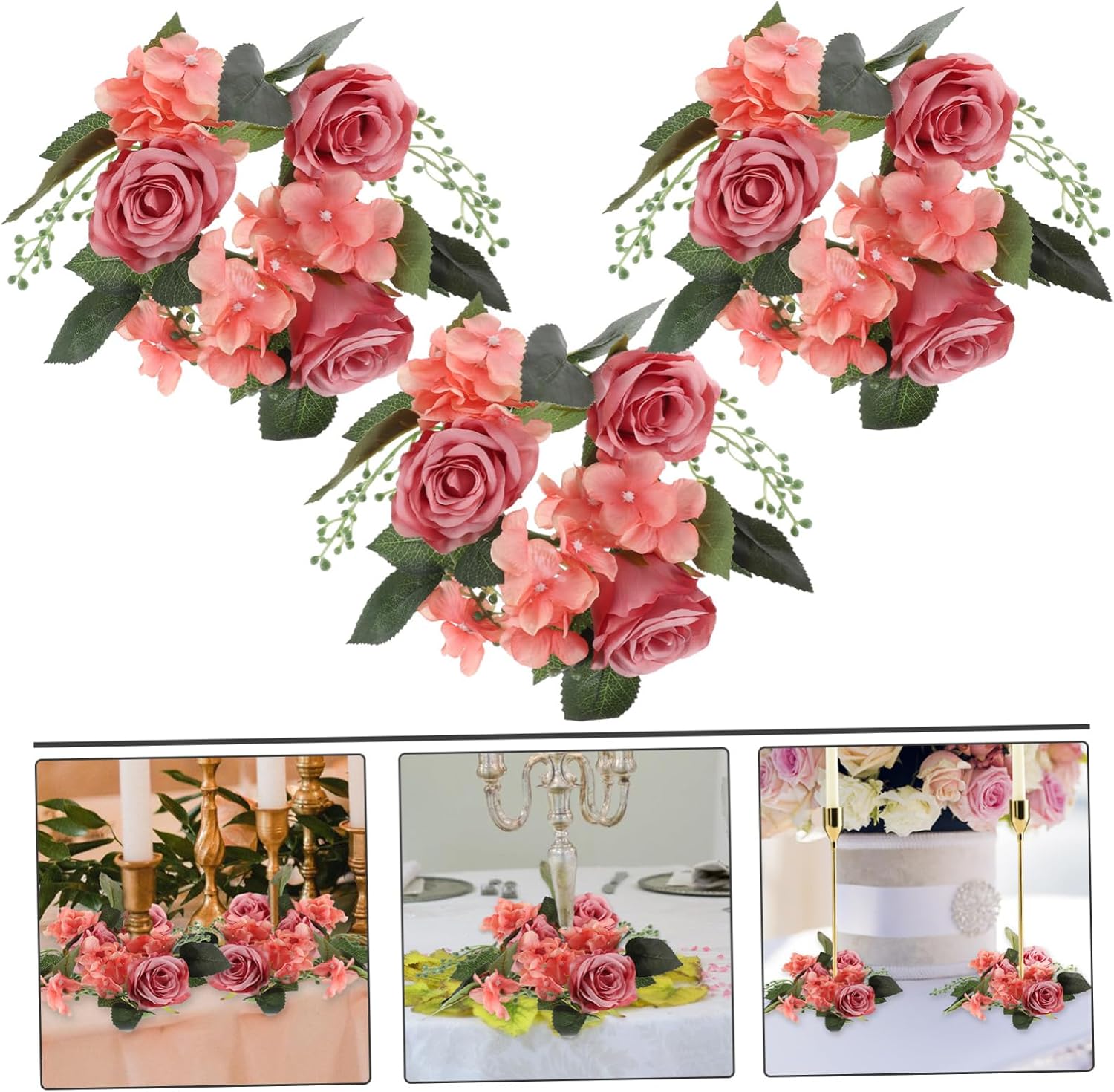 SOLUSTRE 3Pcs Artificial Rose Candle Rings Wreaths European Style Faux Floral Candle Wreaths for Wedding Party and Home Table Decor Romantic Faux Flower Rings