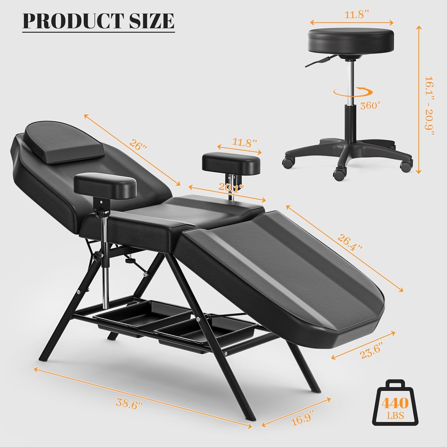 Tattoo Bed Chair,Adjustable Facial Bed for Esthetician Multi-use Massage Table Professional Tattoo Chair for Clients Spa Bed with Storage Hold Up to 440lbs, Black