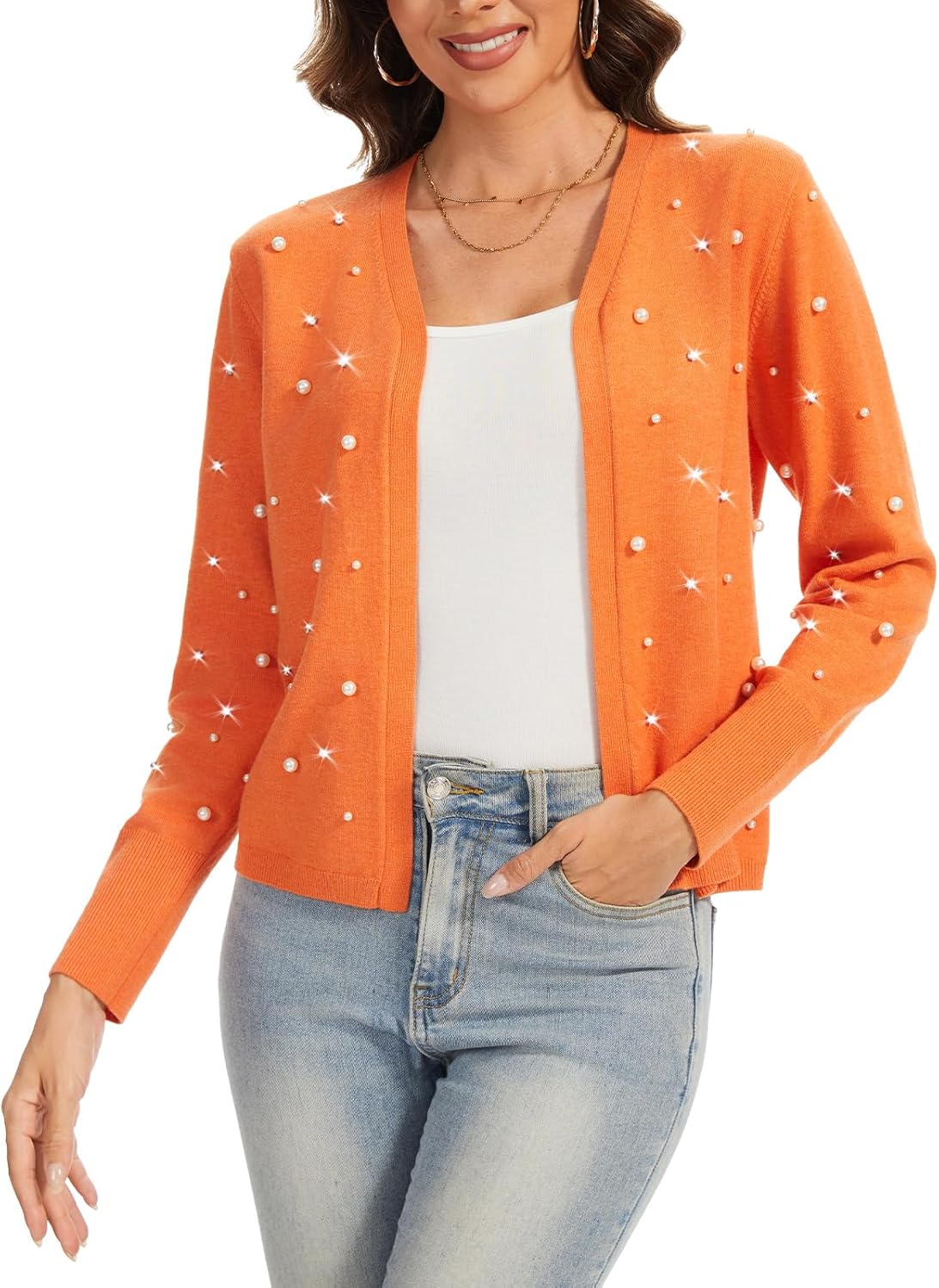 Cardigan Sweater for Women Long Sleeve Open Front Shrug with Pearl and Rhinestone