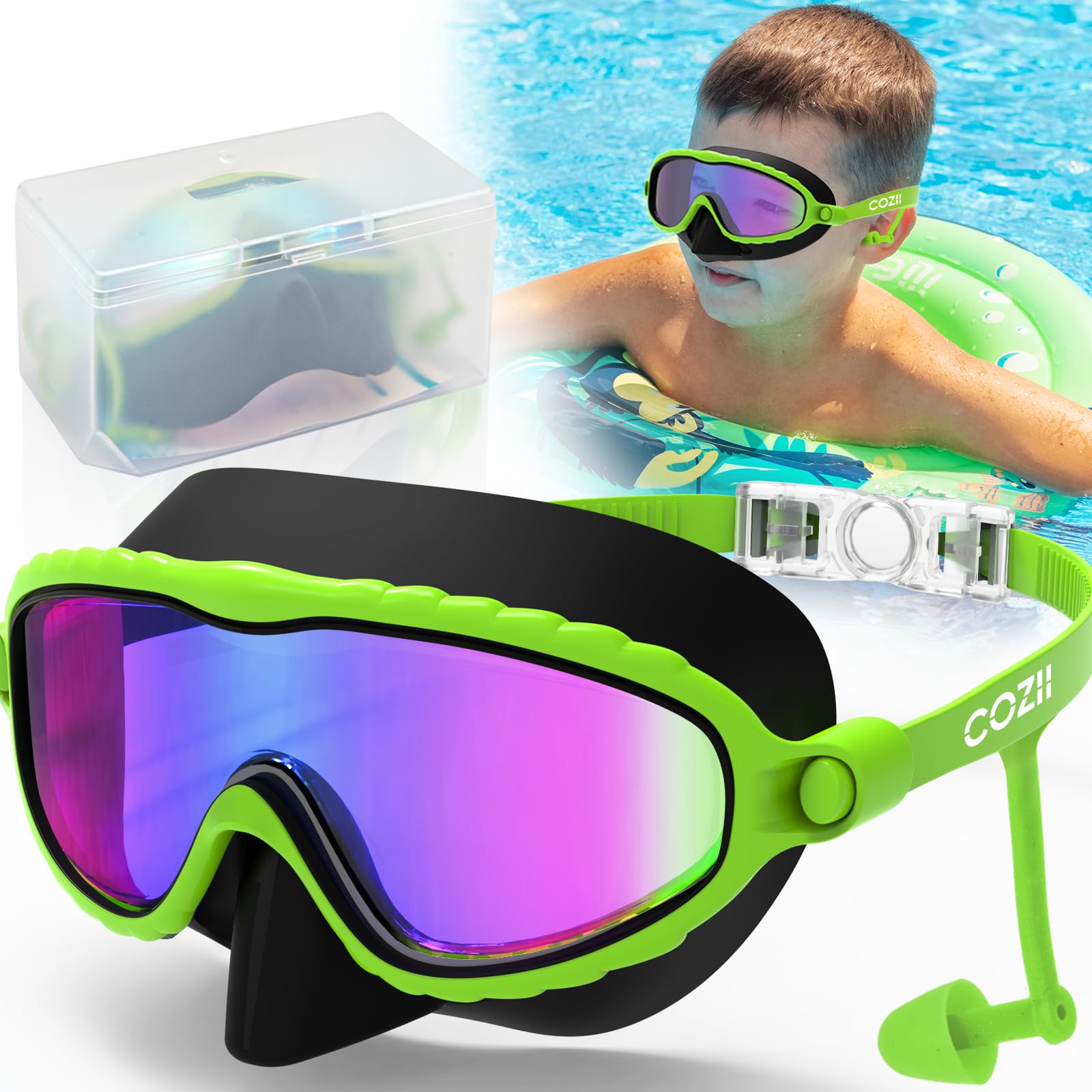 COZII Taucherbrille Kinder, Schwimmbrille Kinder für Jungen Mädchen mit Nasenschutz Ohrstöpsel, 180° Panorama Anti-Leck Anti-Beschlag Anti-UV, Schnorchelmaske Kinder für 4-14 Jahre