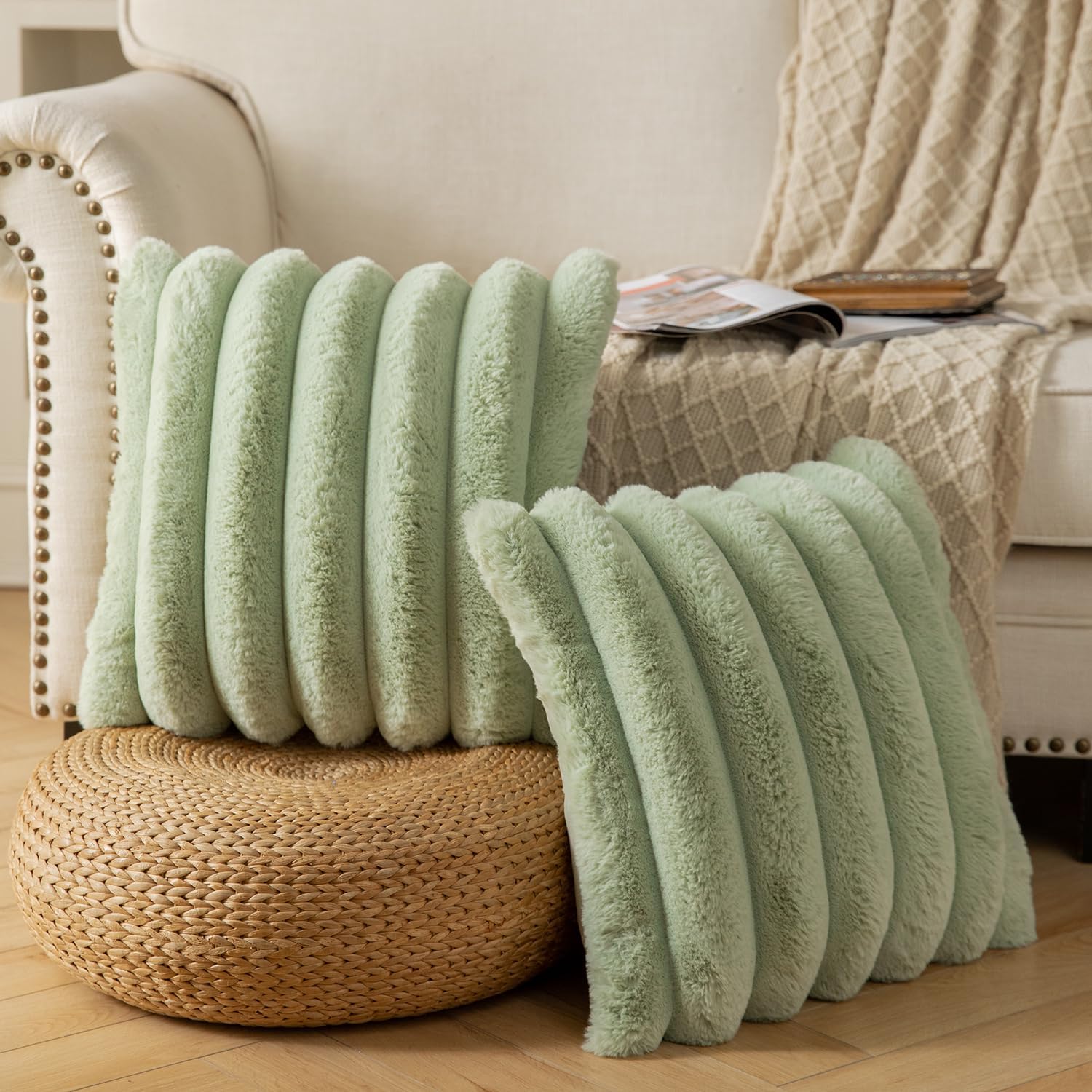 Yaertun Sage Green Striped Decorative Throw Pillow Covers 18x18 Inch Set of 2 Plush Soft Pillowcase with Velvet Back Faux Rabbit Fur Cushion Covers Sofa Couch Bed Livingroom