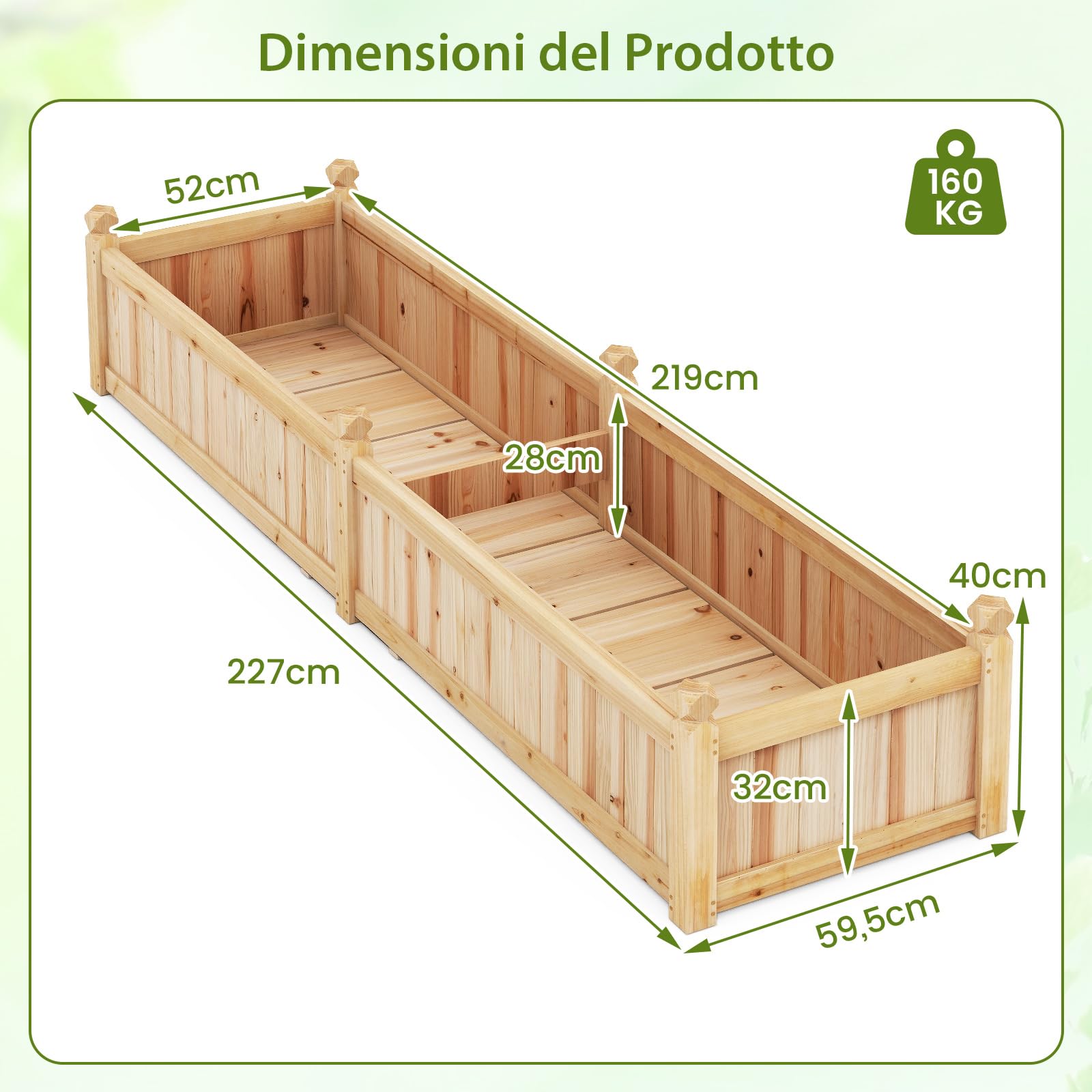RELAX4LIFE Fioriera da Esterno, Orto Rialzato da Esterno con Divisore, Sistema di Drenaggio, Fodera in Tessuto Non Tessuto, Fioriera Legno per Verdure, Fiori, per Balcone, 227x59,5x40cm (Naturale)
