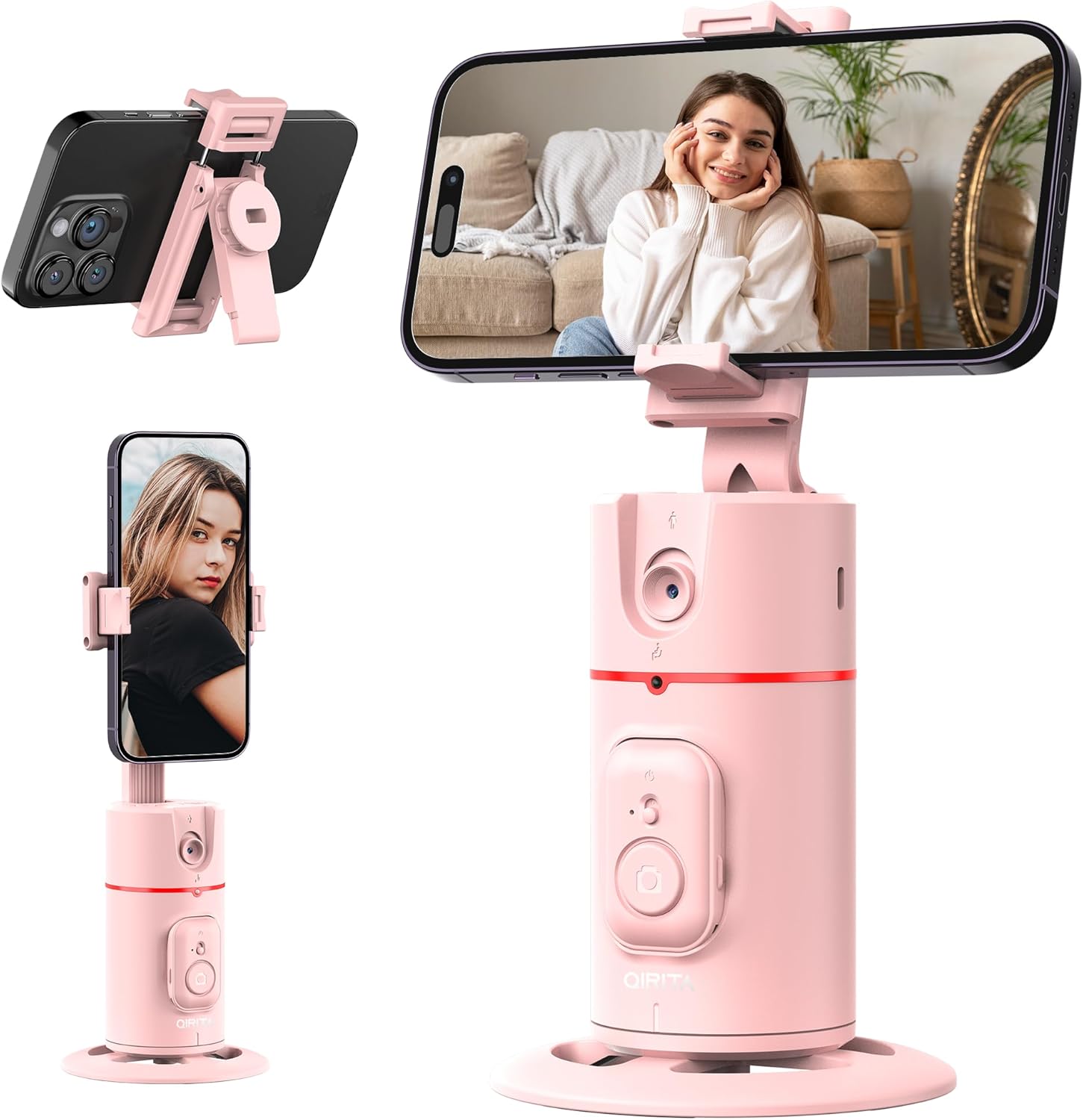 Auto Face Tracking Phone Holder, Gesture Control & Remote, Face Tracking Tripod 360 Rotation Body Phone Camera Mount Smart Shooting Holder, Cell Phone Selfie Stick Tripod, Expandable Pole (Pink)