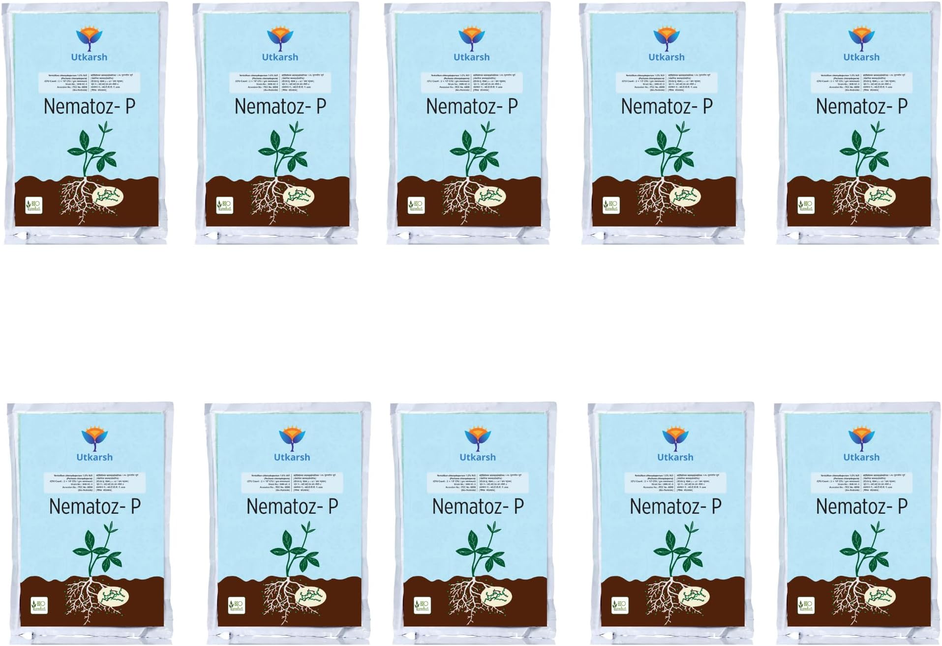 Utkarsh Nematoz-P | Verticillium Chlamydosporium (Pochonia Chlamydosporia) 1.0% W.P 2 x 10^6 CFU/gm min. for Plants, Crops and Home Gardening (10 Kg; Pack of 10 of 1 Kg)