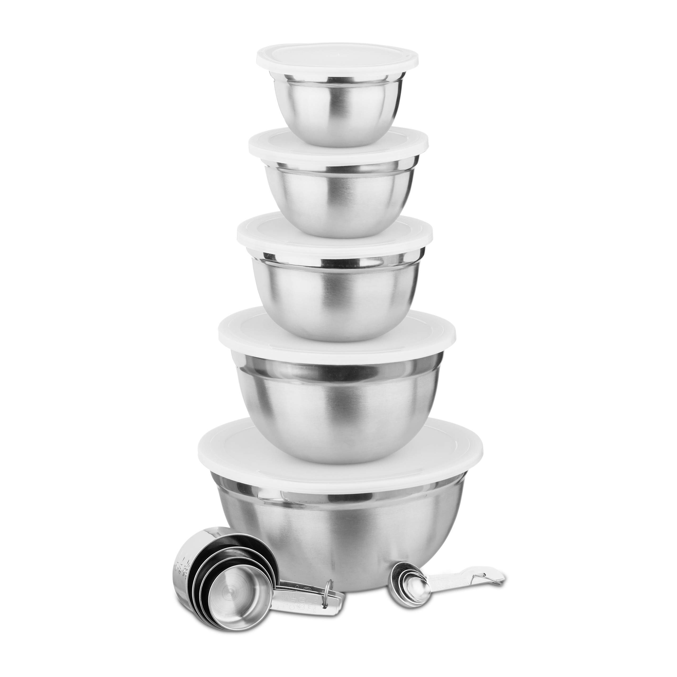 Relaxdays Set Accessori Cucina da 18 pz.,​5x Ciotole con Coperchio,​Dosatori Mestoli & Ciotole,​Set Utensili,​argento/​bianco