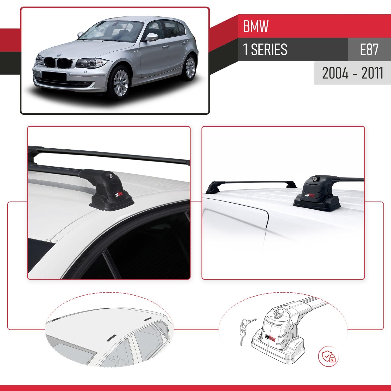 Kompatybilny z BMW 1 Series (E87) 2004-2011 ACE-3 Model Aluminiowy bagażnik dachowy 2 poprzeczki, czarne