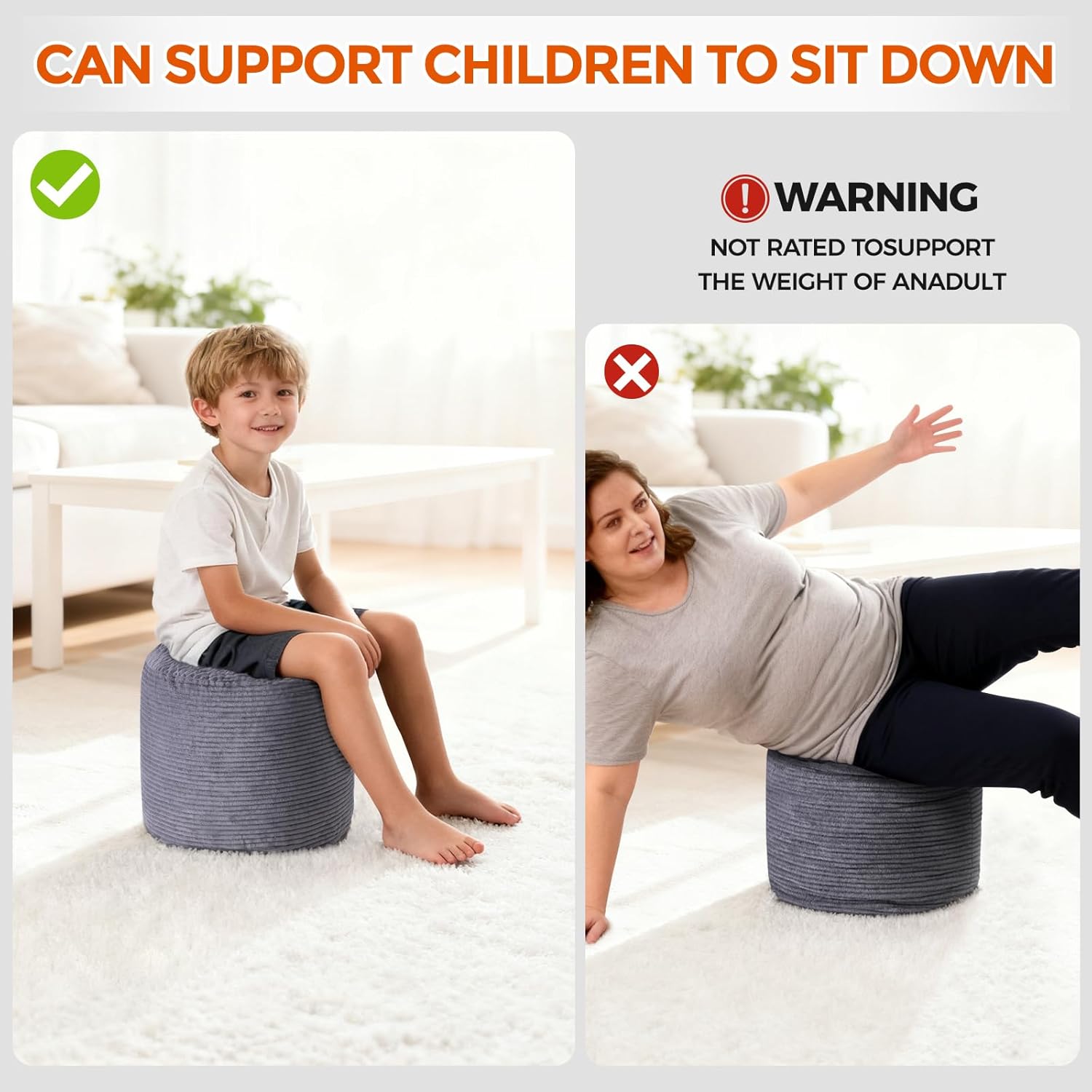 26" x 26" x 18" Pouf Ottoman Foot Rest, Pre-Stuffed Round Foot Stool with Odorless Shredded Memory Foam, Furry & Fluffy Corduroy Footrest for Living Room, Dark Grey