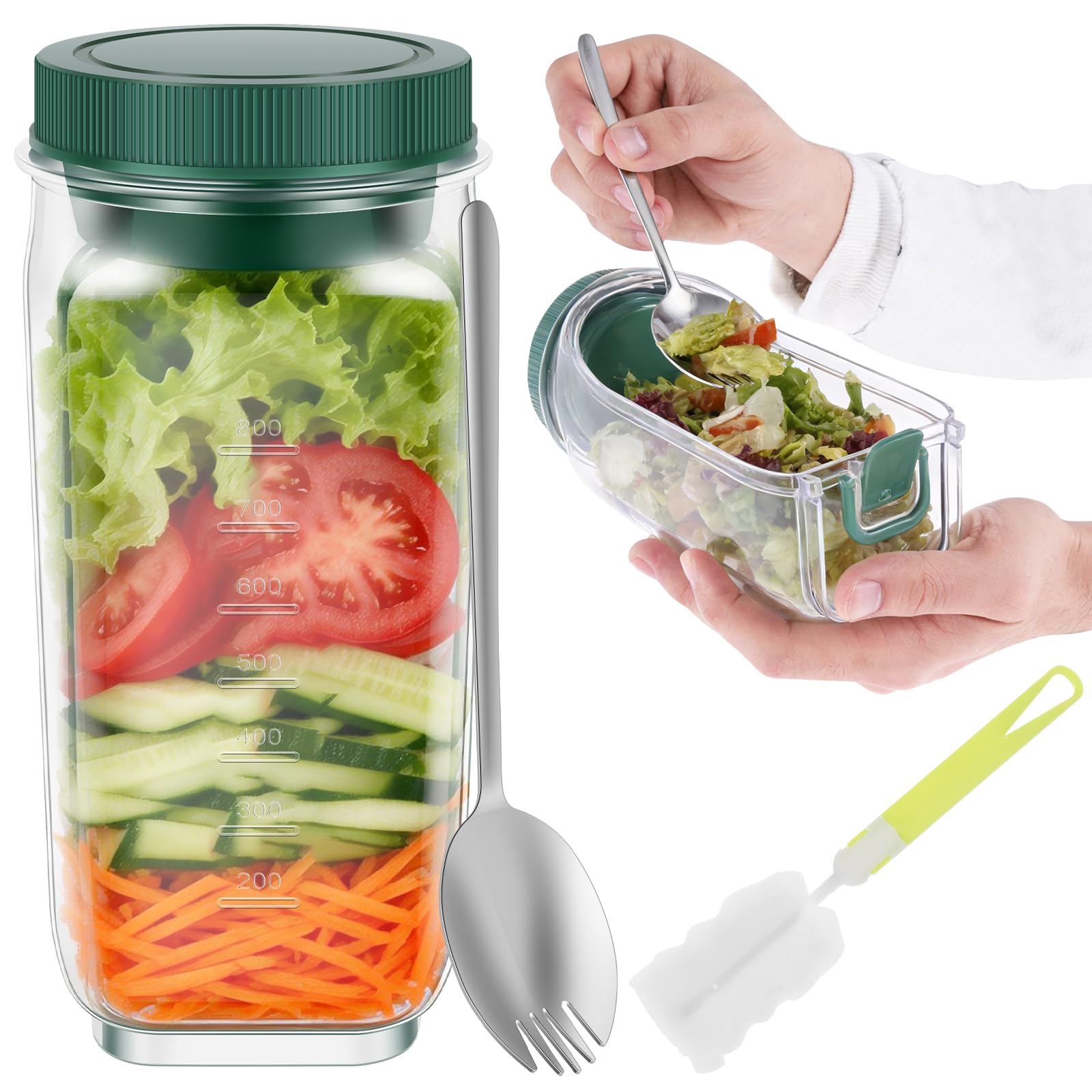 Salad Pod Container ,800ML Salad Jar with Side Opening,Reusable Plastic Salads Pod with Leak Proof Sauce Dressing Case ,Fork Spoon & Cleaning Brush,Dishwasher Safe for Camping Travel Picnic (1PC)
