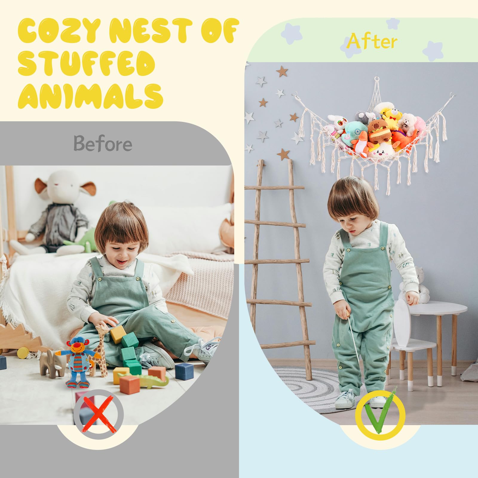 Hamac Rangement Peluches Filet d'Angle Lot 2 Filet Coton Épais Tissé Main Décoration Murale Chambre Enfants Rose