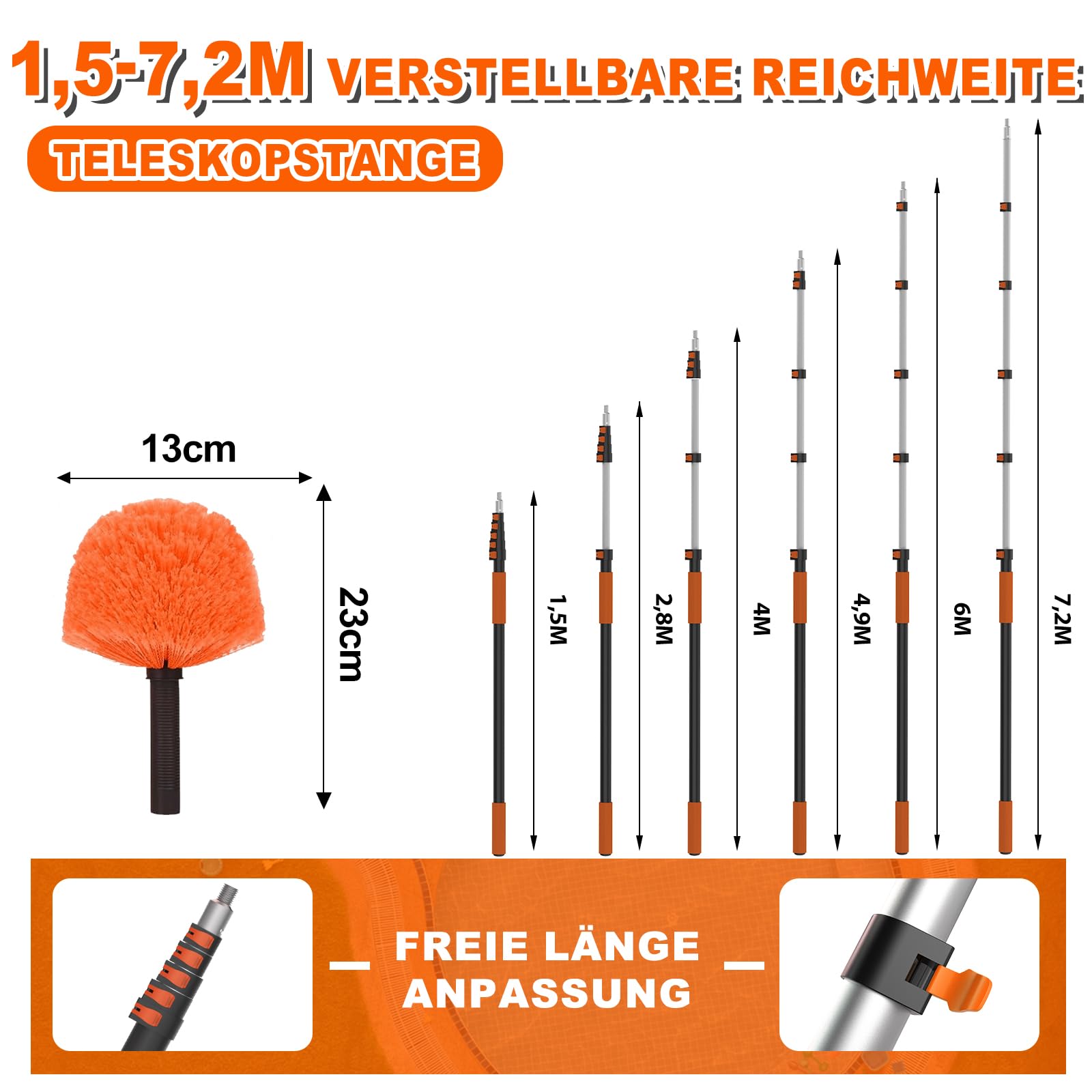 SISUPASSIE 7,2M Staubwedel Teleskop, Spinnenwebenentferner mit Teleskopstiel, ausziehbarer waschbarer Staubwedel für die Reinigung von Decken, Ecken und Möbeln