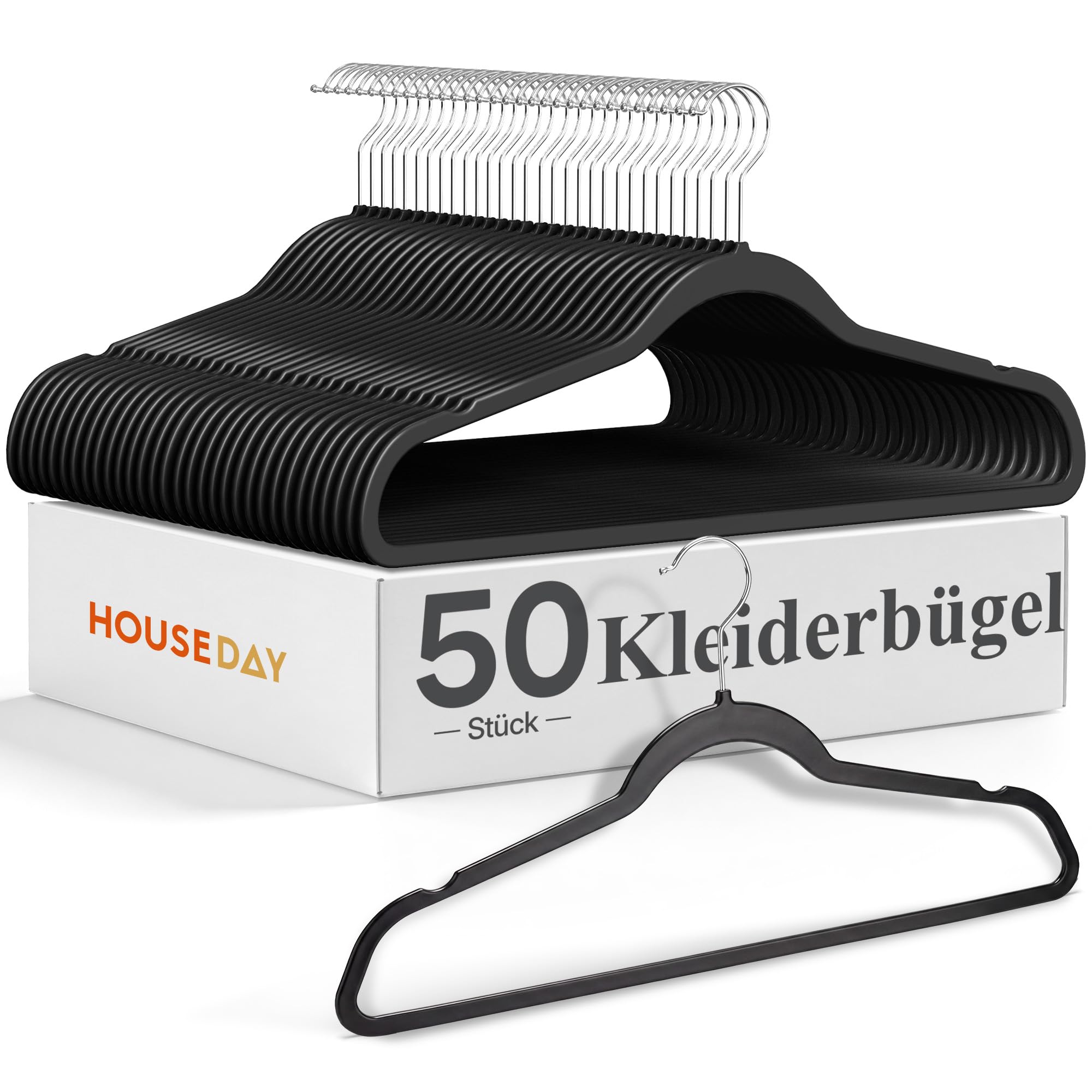 HOUSE DAY 50er Pack Kleiderbügel Kunststoff Schwerlast, 0,5cm Ultradünn Platzsparend Kleiderbügel, Fusselfrei & Abwischbar bügel mit 360° Drehbarer Haken, Ideal für Anzüge, Mäntel & Shirts - Schwarz - 1