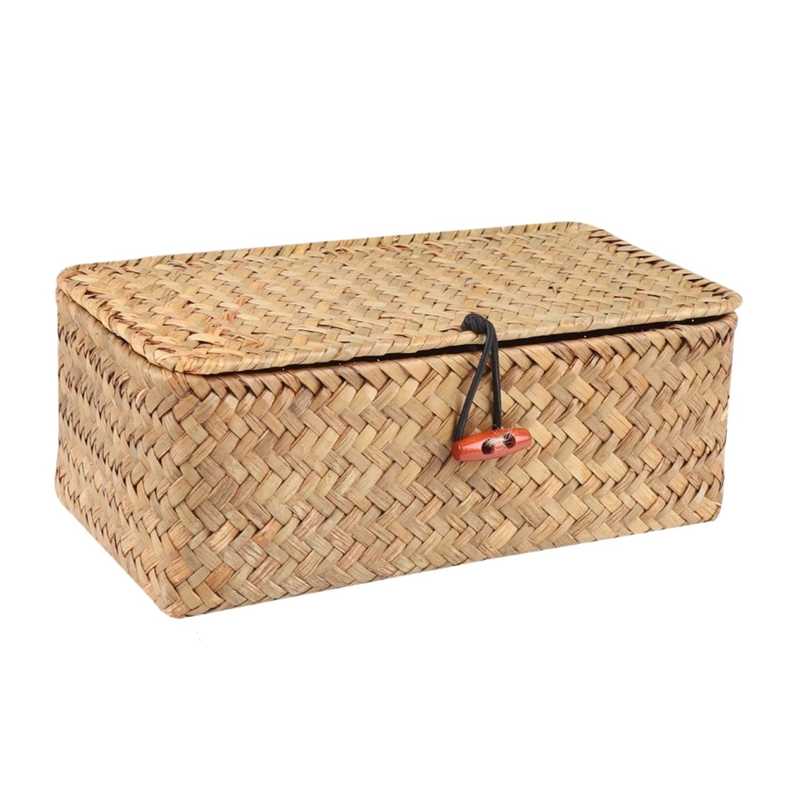 Storage Shelf Basket with Lid Rectangular Handmade Seagrass Rattan Woven Makeup Organizer For Storage(L)