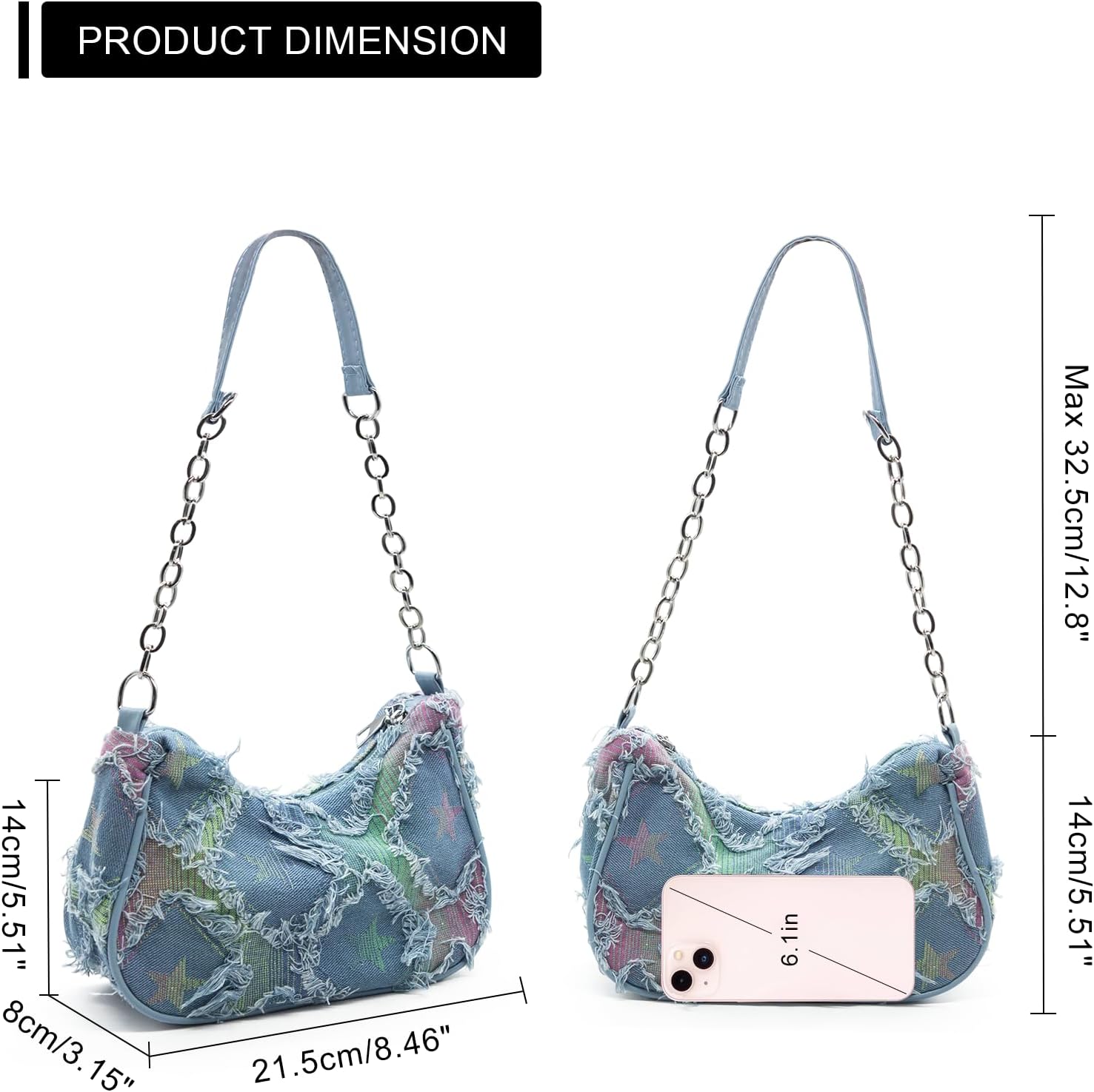 YAMEIZE Quilted Denim Shoulder Bag for Women Star Pattern Clutch Hobo Bag Small Tote Handbag with Zipper Closure - Image 3