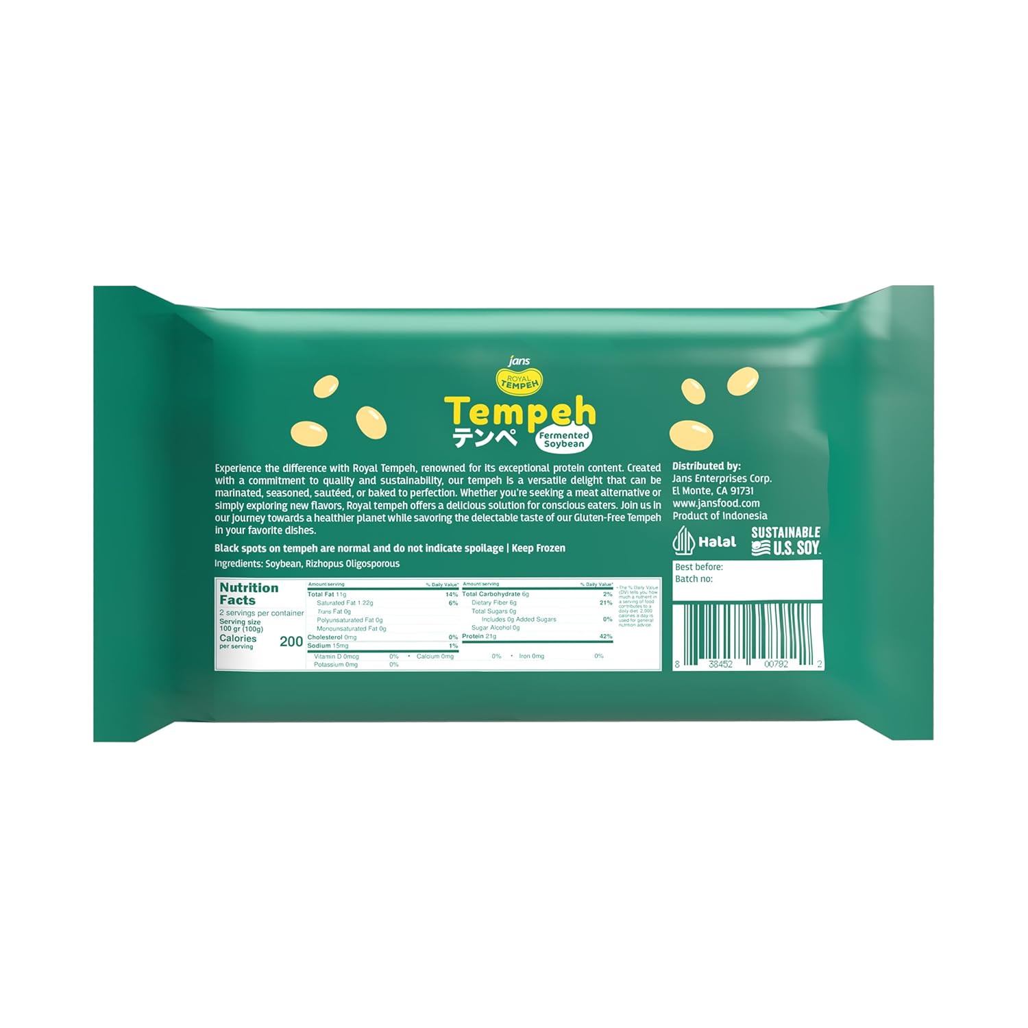 Jans Frozen Royal Tempeh: Wholesome Vegetarian Protein made From Fermented Soy | Elevate your Meals with Authentic Indonesian Flavor | 7.0 OZ (Pack of 1)