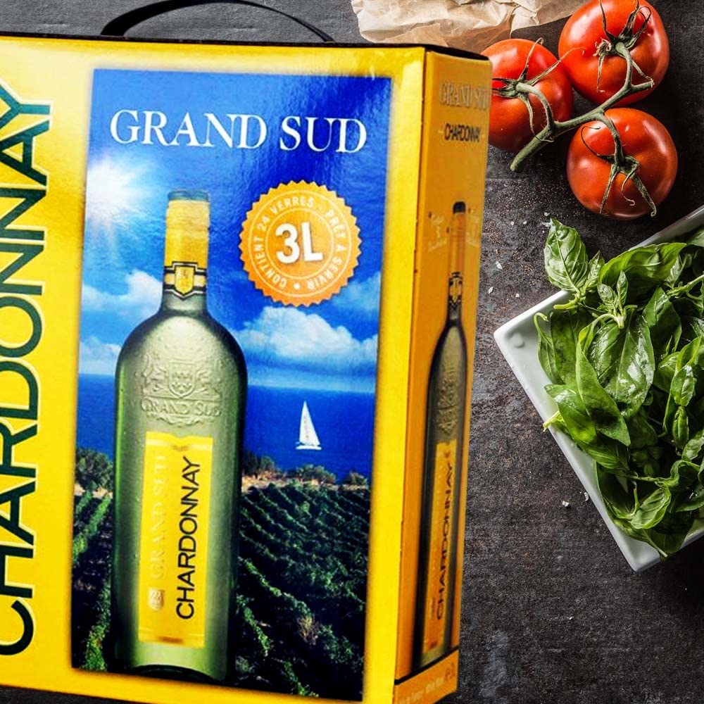 Grand Sud Chardonnay, trocken, Bag-in-Box, sortenreines Weinpaket + VINOX Winecards (4x3,0l)