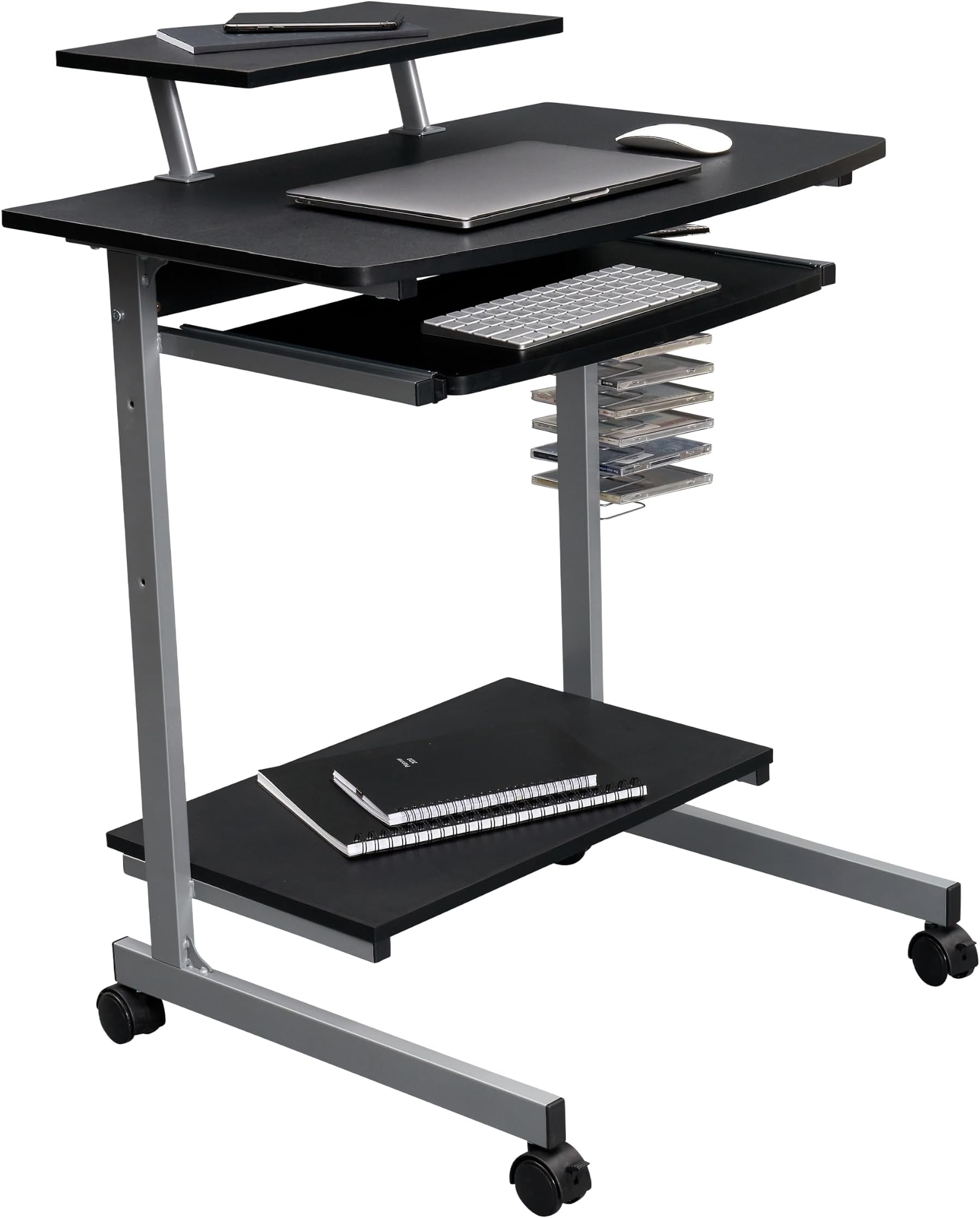 Rolling Computer Desk Cart w/ Keyboard Tray & Wheels, Black | Locking casters, printer stand, office cart, compact desk, home office, small space computer workstation