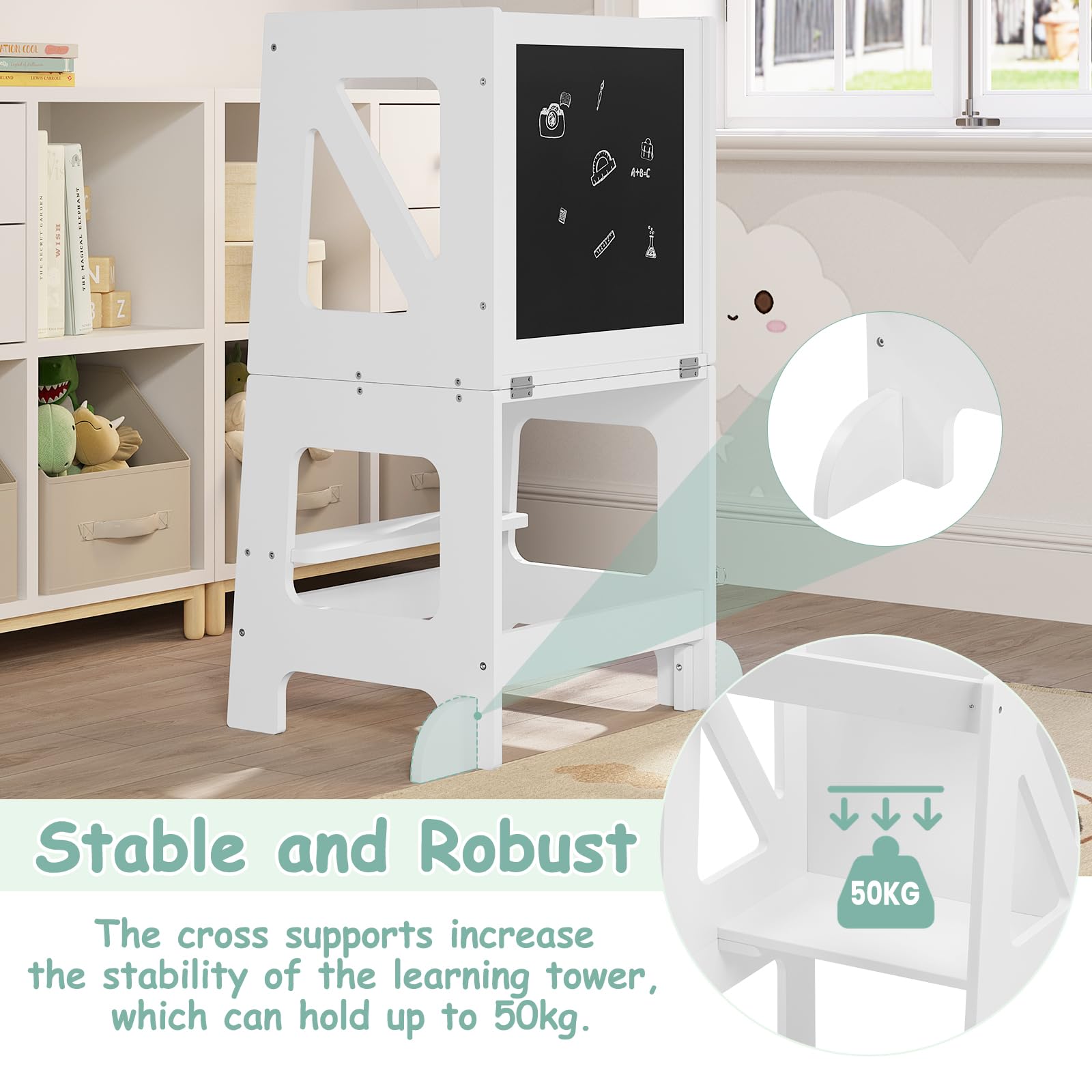 WOLTU Lernturm 3 in 1, Tritthocker Kinderhocker Kindertisch Tafel, Lernturm für Kinder, Küchenhelfer mit Rausfallschutz, faltbar, ab 3 Jahr, Weiß