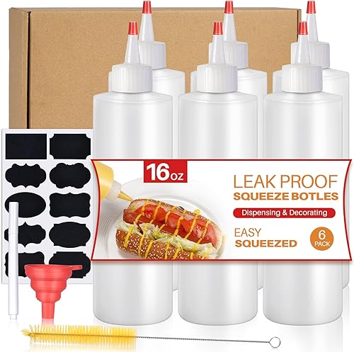 Botellas exprimibles, botellas de plástico para condimentos de 16 onzas con etiquetas, embudos y cepillo para líquidos, salsas, aceite de salsa de