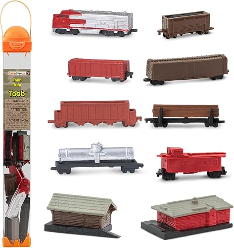 Safari Ltd Trains TOOB con 11 figuras pintadas a mano conectables, incluyendo estación de carga, vagón de carga, vagón de troncos, coche de carbón,