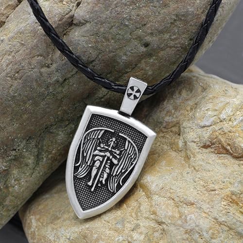 Miniatura 2 de GuoShuang Amuleto hombres collar arcángel San Miguel Proteger Me San Escudo de Protección Colgante Joyería 2 Color Plateado, Blanco
