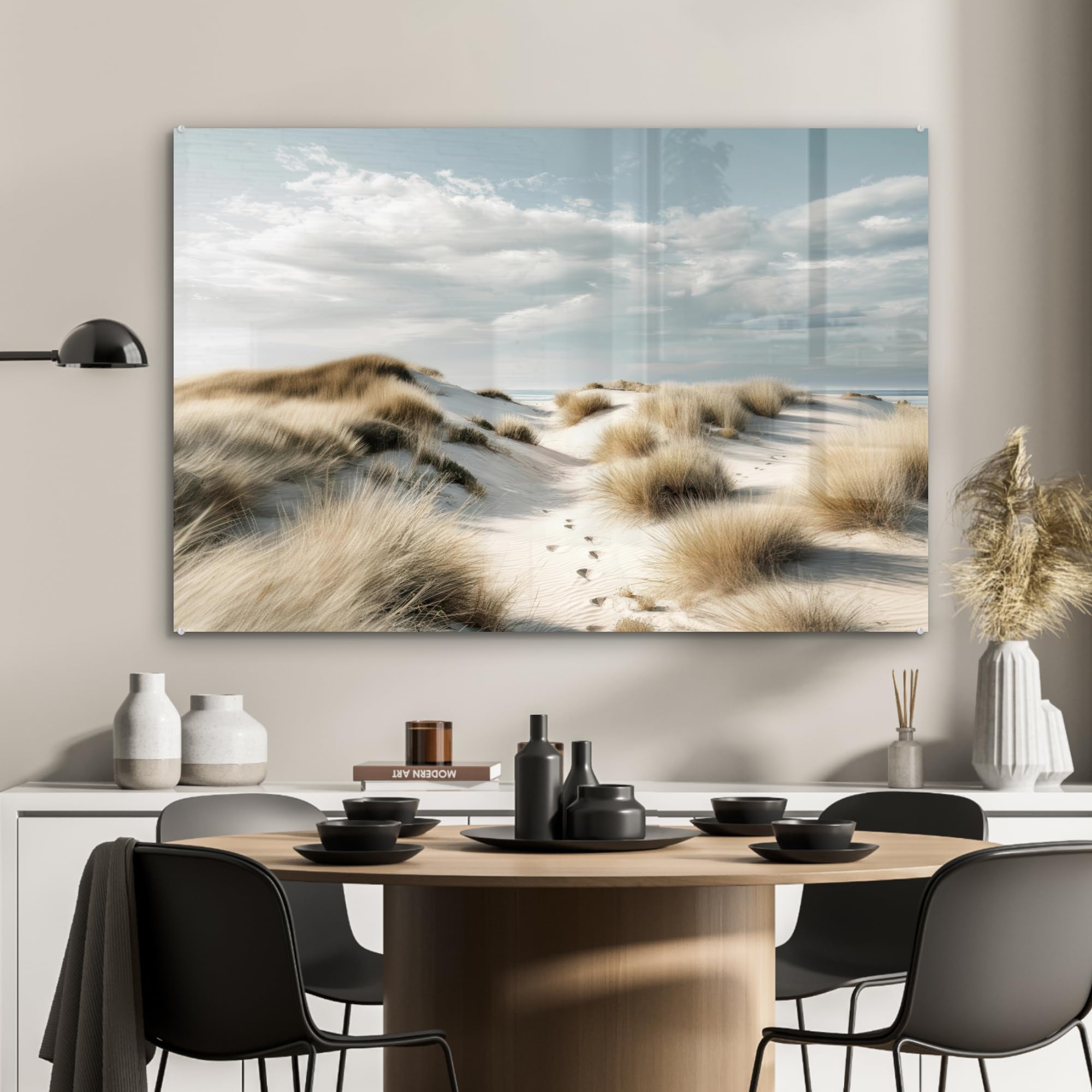 MuchoWow© Bild auf Glas 120x80 cm Schlafzimmer Bilder Badezimmer Wand Deko Wohnzimmer Modern Wanddeko Bilderwand Geschenk Dünen - Gras - Spuren - Wolken