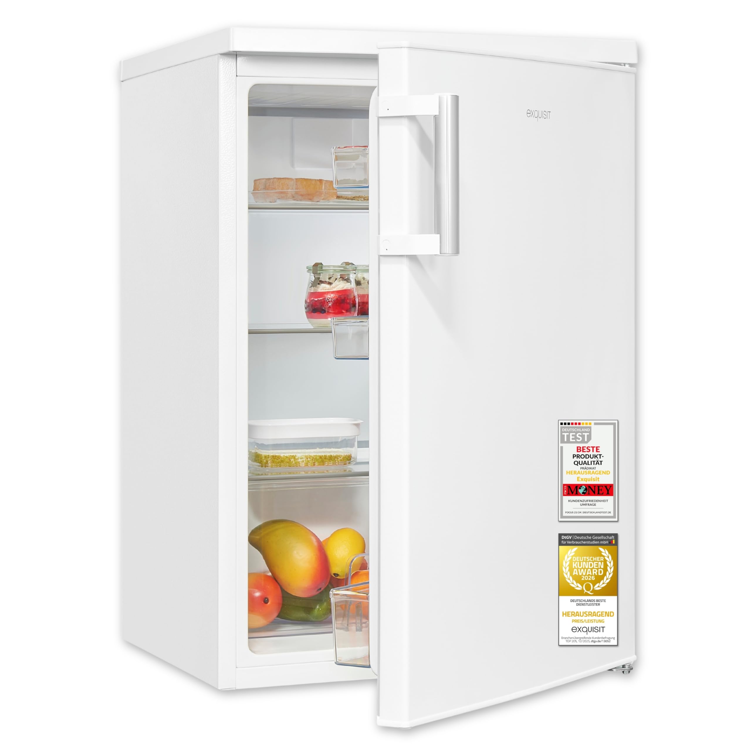 Exquisit Vollraumkühlschrank | 133 l Nutzinhalt, Energieklasse E, 40 dB(A) | kompakte Bauform, LED-Innenbeleuchtung, manuelle Temperaturregelung, Flaschenfach, Gemüseschublade | KS516-V-H-010E weiss