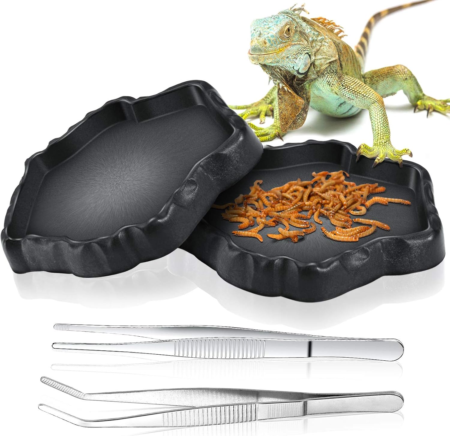 4 Pieces Reptile Water Dish Food Bowl Set Includes 2 Food Feeder Bowl Resin Reptile Bowl Water Bowl 2 Feeding Tweezer Tong Reptile Rock…