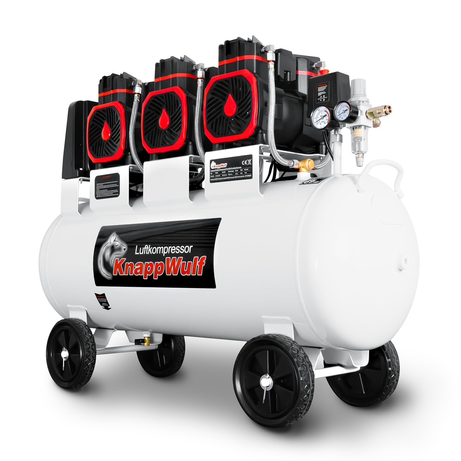 KnappWulf Compresor susurro, 10 bar, caldera de 100 L, 230 V, 3300 W, 754 L/min, sin aceite, incluye separador de agua, regulador de presión, válvula de descarga de agua de condensación, compresor de