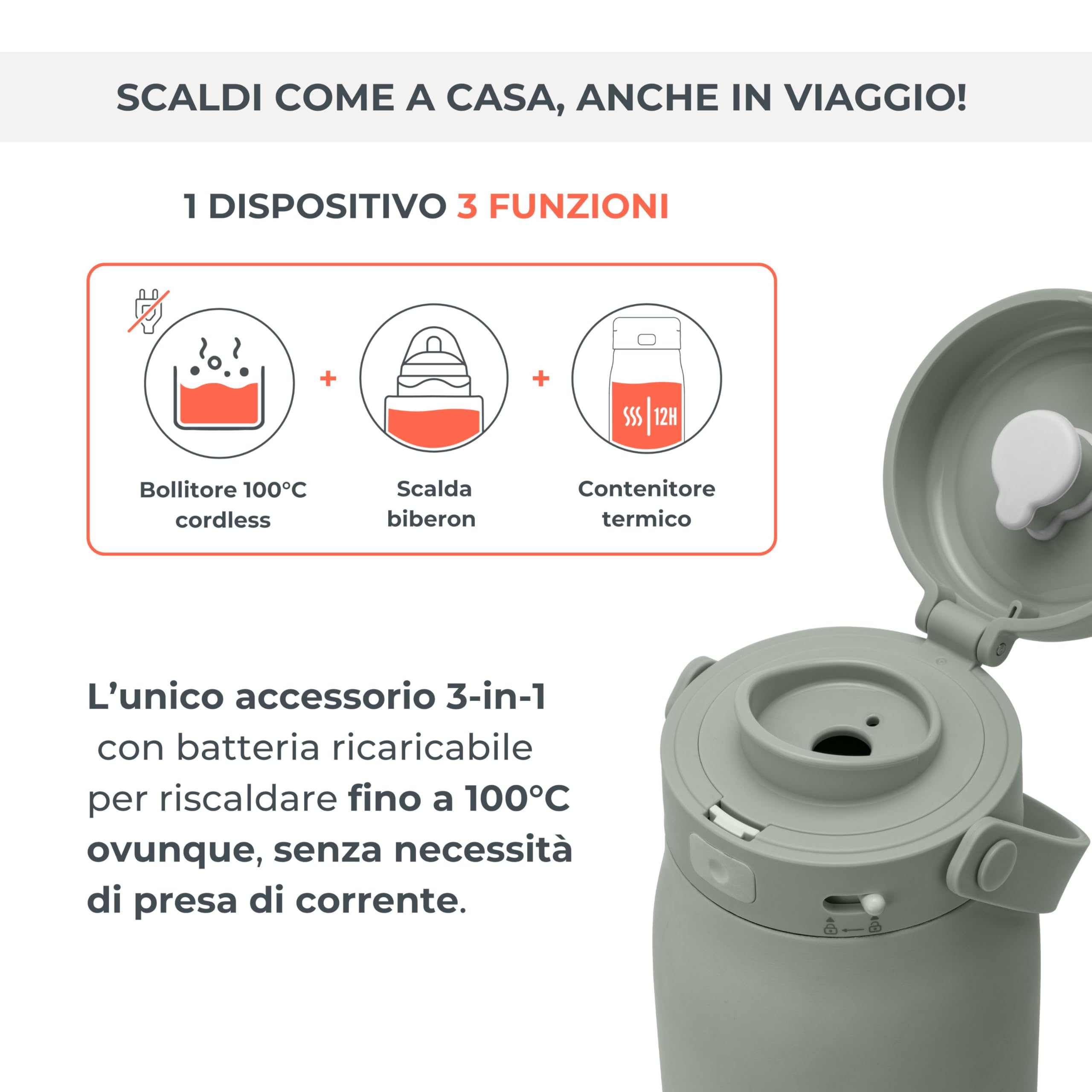 Nuvita 1190 Bollitore Scalda Latte Portatile 500ml – Scaldabiberon Wireless con Batteria Ricaricabile, 3 Temperature Selezionabili 37°/55°/100°, Mantiene Caldo fino a 12h, Ideale per Latte, Tisane