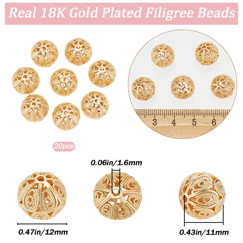 Beebeecraft 1 Box 20Pcs Round Beads 18K Gold Plated Brass Filigree Beads Hollow Beads Loose Beads with 1.6mm Hole for Earrings Bracelet Waist Chain Necklaces Jewelry DIY Crafts