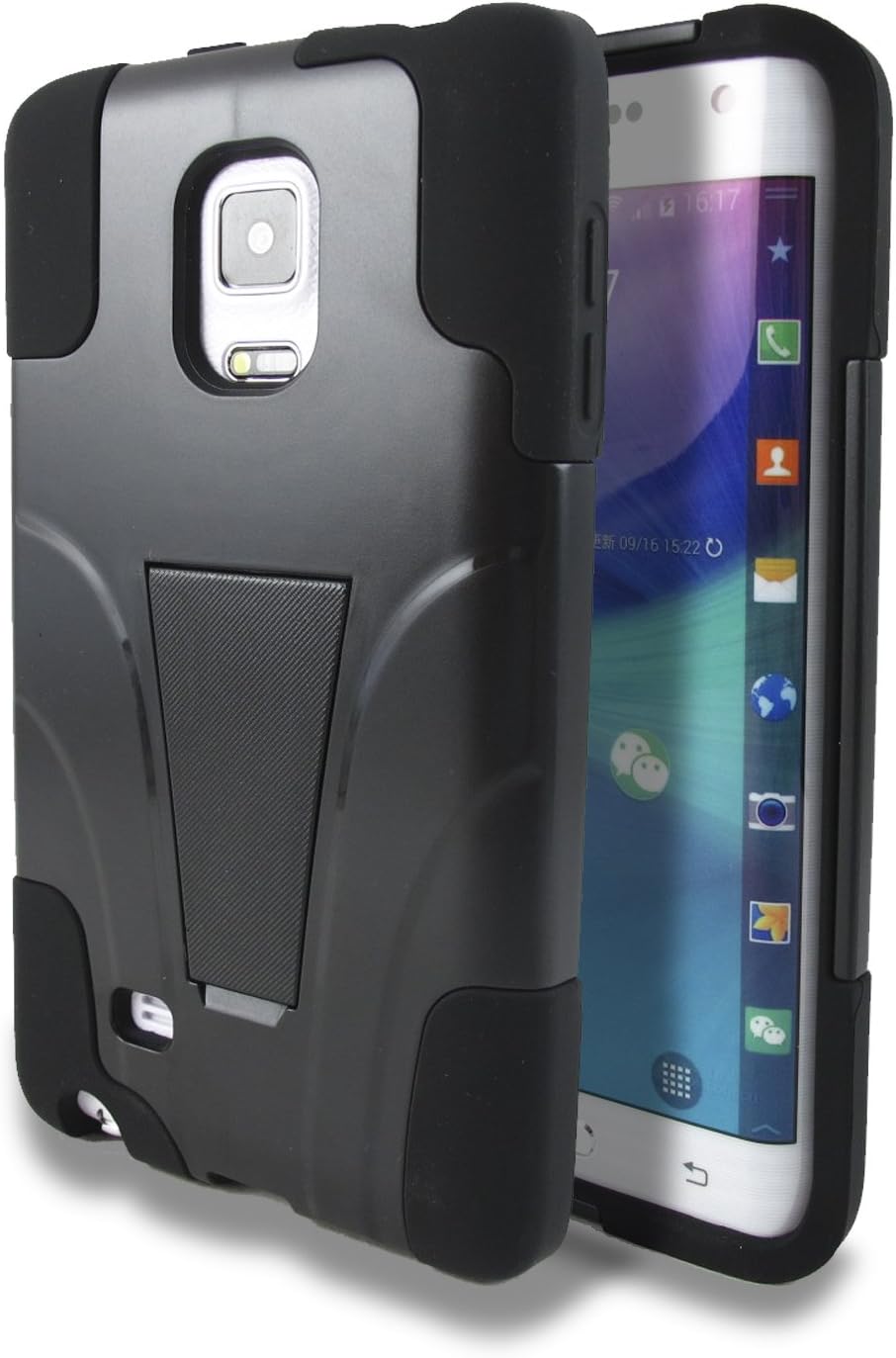 Kaleidio Refined Dual Layer T-Stand Hybrid Case Cover w/ Kickstand for Samsung Galaxy Note Edge [Package Includes a Overbrawn Prying Tool & Stylux Stylus/Pen Duts Plug Combo] - Retail Packaging [Black/Black]