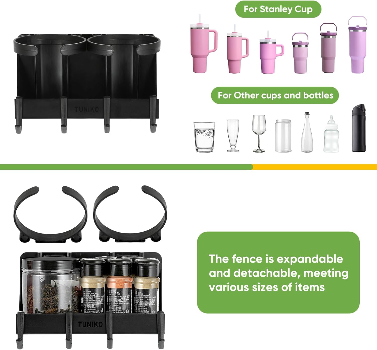 8 Cups Magnetic Cup Holder for Fridge Water Bottle Organizer for Stanley Cup Detachable Tumbler Holders Heavy Duty with Cup Accessories Hooks Straw Holder,Universal, Black