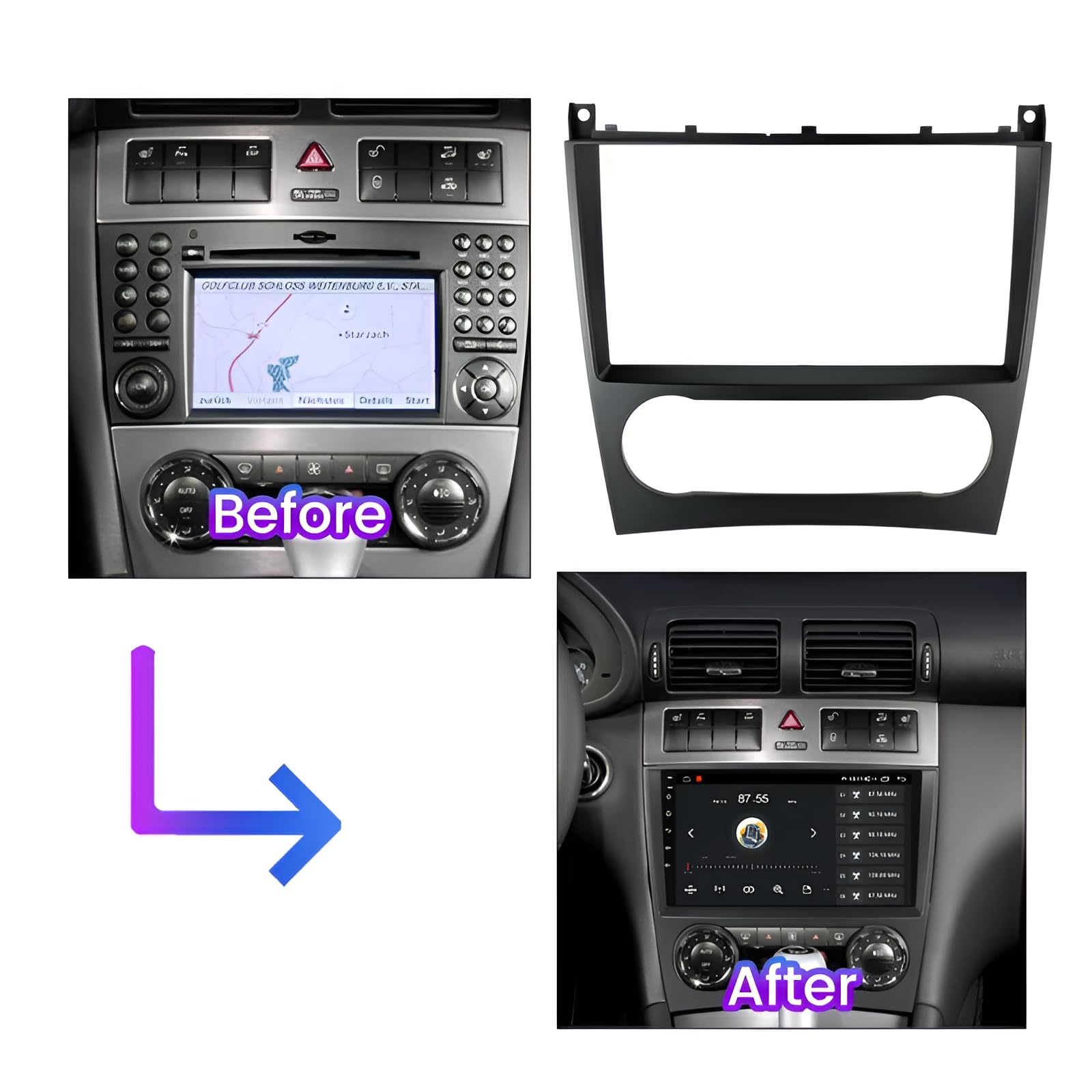 Kit de montage Autoradio, Façade cadre de radio 9" pouces, Adaptateur compatible avec MERCEDES-BENZ Classe C (W203) 2004-2007 CLC (CL203) 2008-2011 CLK (W209) 2005-2009 Classe G (W463) 2006-2012