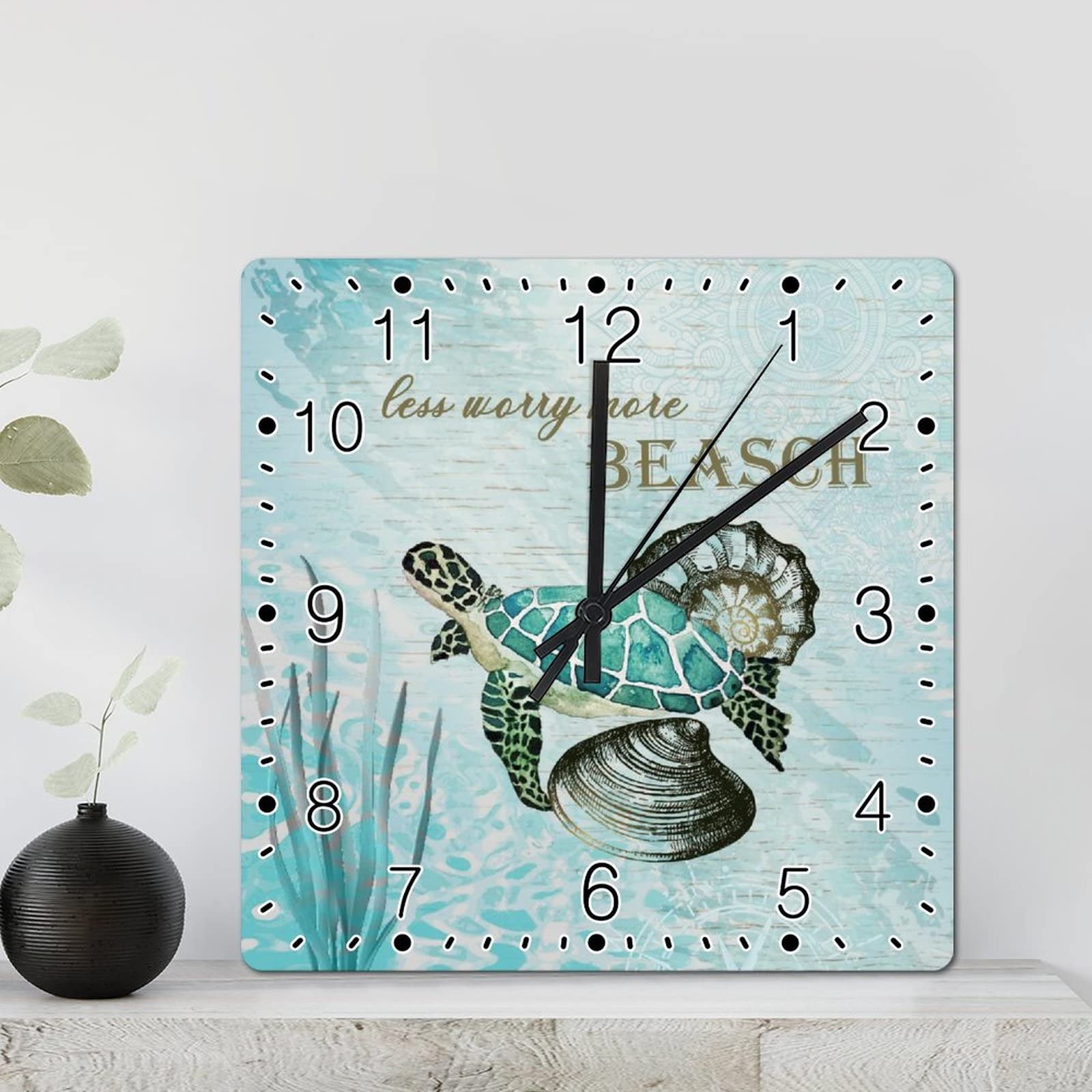 Horloge murale tortue de mer en corail rustique 30,5 cm carrée à piles pour salon et cuisine
