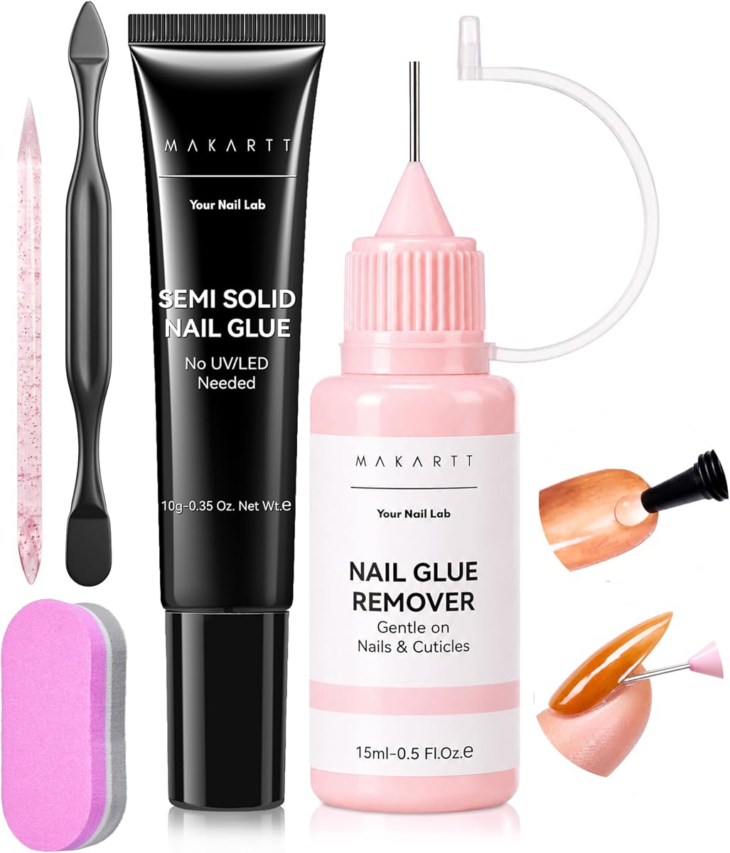 Press On Nail Glue and Remover Kit, 10g Semi-Solid Glue Air Dry in 20s with Adjustable Time for beginners, 15ML Acetone-Free Debonder with Jojoba Oil for Press-on DIY Users, No UV Lamp Needed