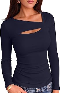VICHYIE Women Long Sleeve One Piece Cutout Ribbed Slim Fitted Shirts
