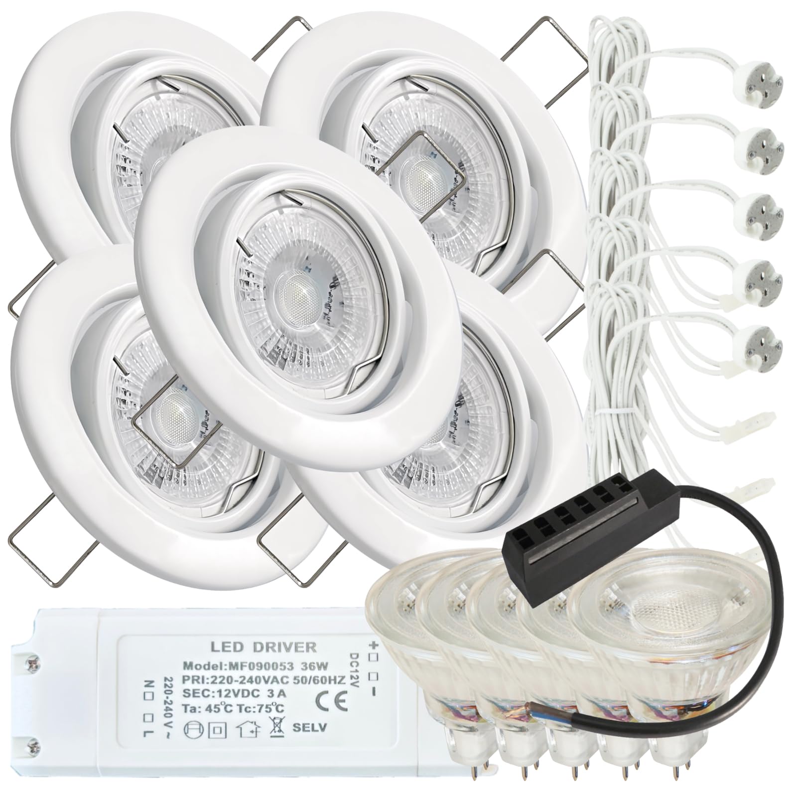 LED Einbaustrahler 12V, 5er Set, schwenkbar, 3W MR16, inkl. Trafo & 120 cm Kabel (AMP), 250 lm, 55 mm Einbautiefe, IP20 – ideal für Wohnräume, Küche & Flur, Deckenstrahler in Weiß