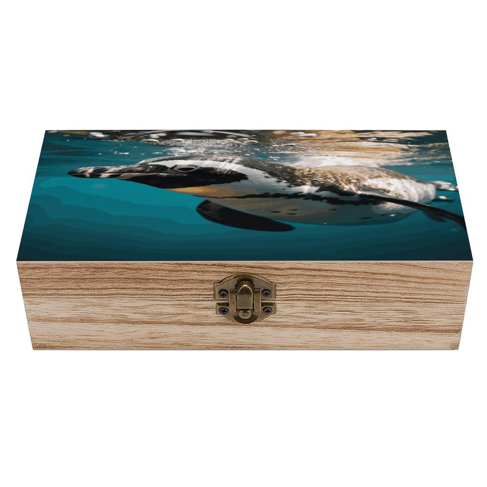JTREHY Penguin Swimming in The Ocean Wooden Keepsake Box Vintage-Style Wood Keepsake Case with Hinged Lid Solid Wood Boxes Beautifully Memory Treasure Case Vintage-Style Wooden Storage Box