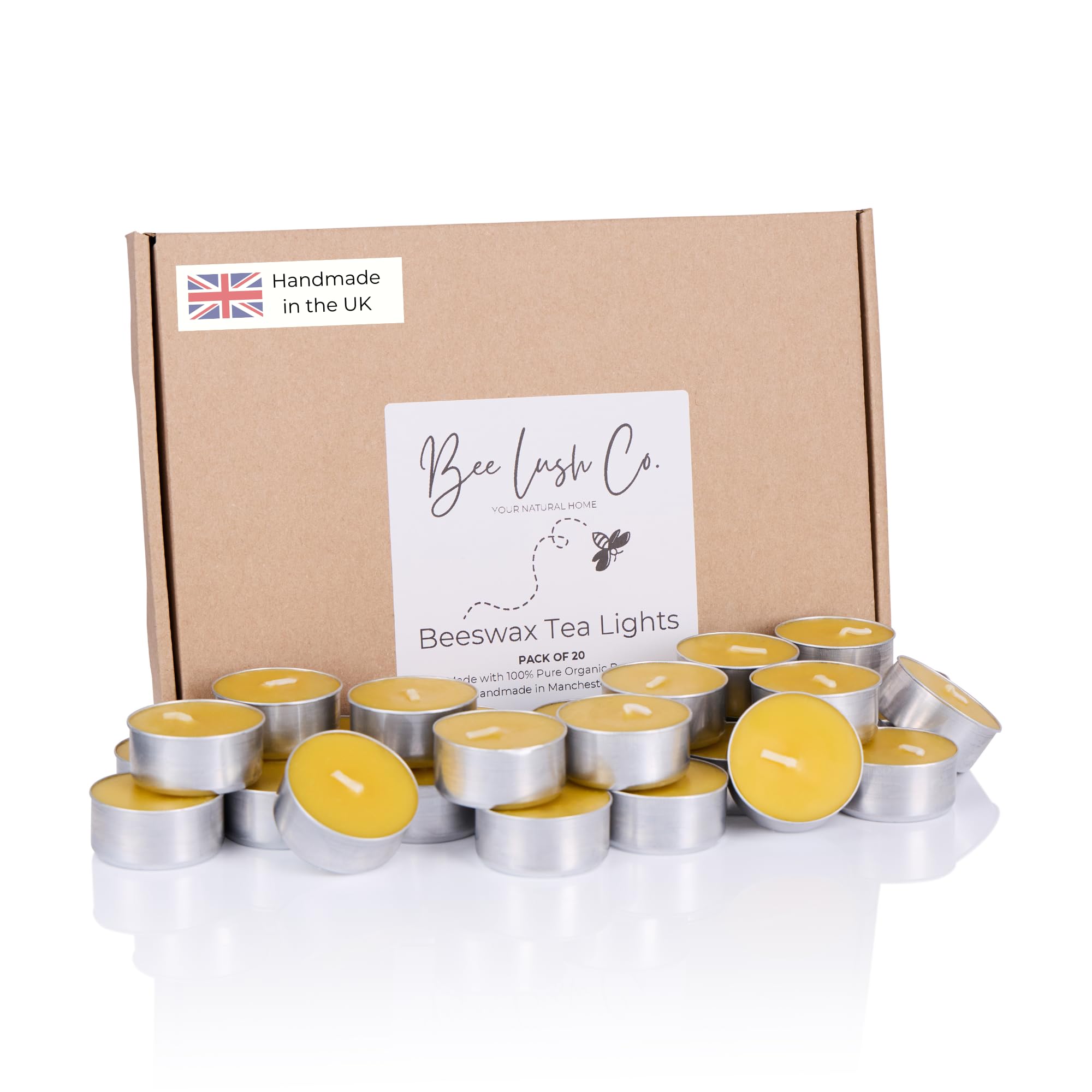 20 Beeswax Tealights, Handmade in The UK, Non-Toxic Tea Lights Candles, Pure Organic 100% Natural Bees Wax, Cotton Wick, Eco Friendly, Allergen Safe