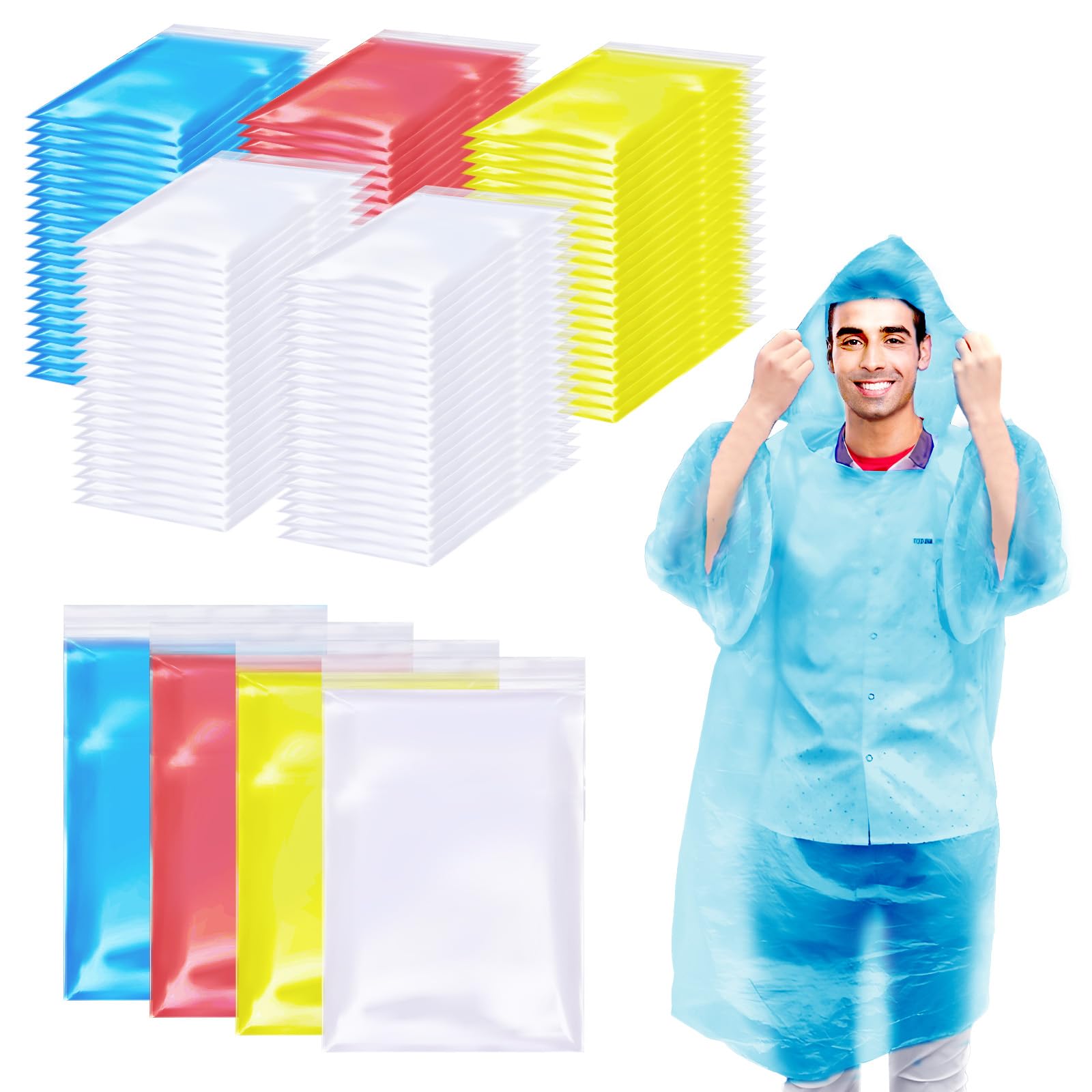 Paquete de 108 ponchos de lluvia desechables para adultos, de plástico, con capucha, para hombres y mujeres, camping al aire libre