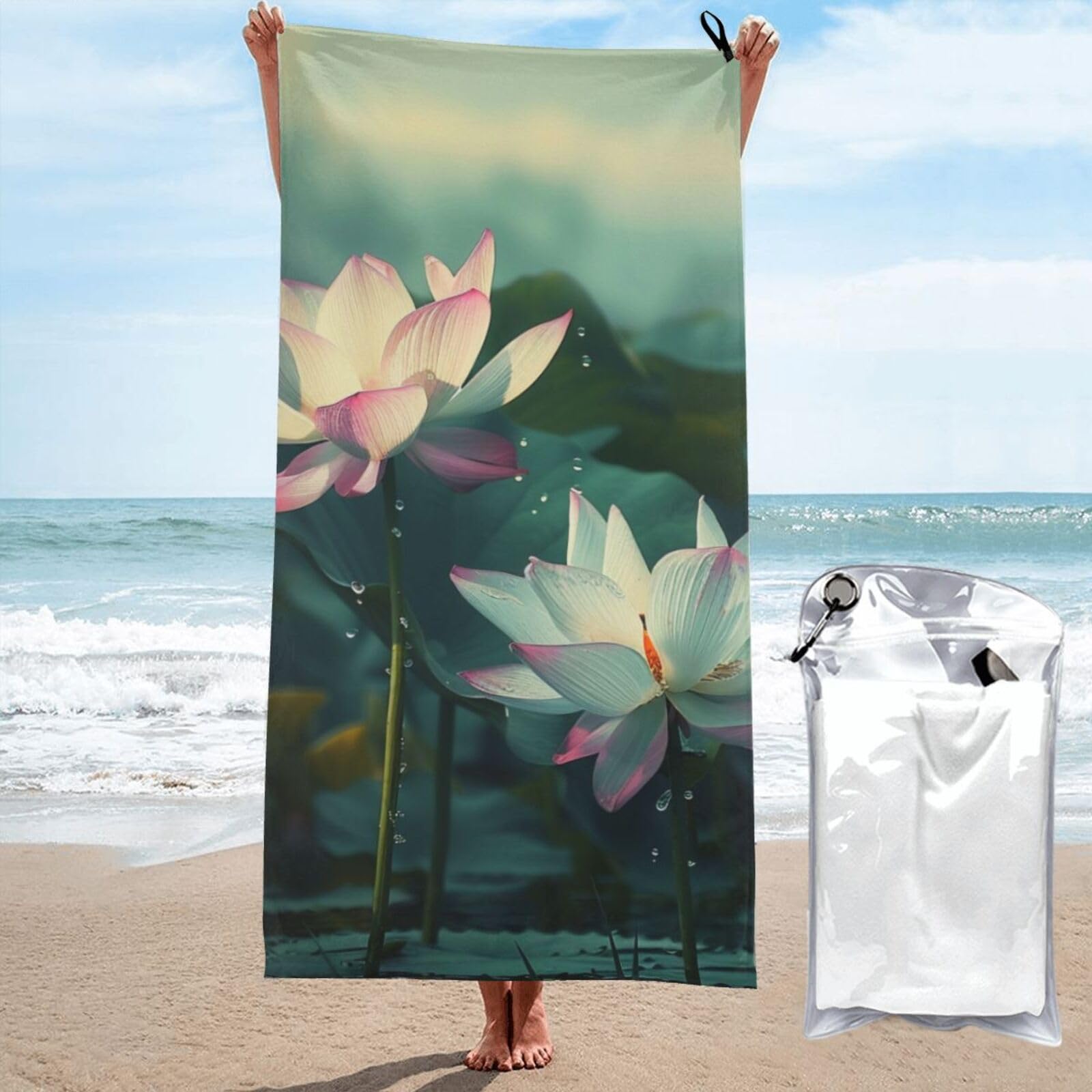 BWWHCCTI lotus flowers Print Printed Microfiber Quick Dry Beach Towel 80x160 CM, Fast Drying Bath Towels with Bags for Travel,Camping,Gym,Beach,Swimming,Yoga