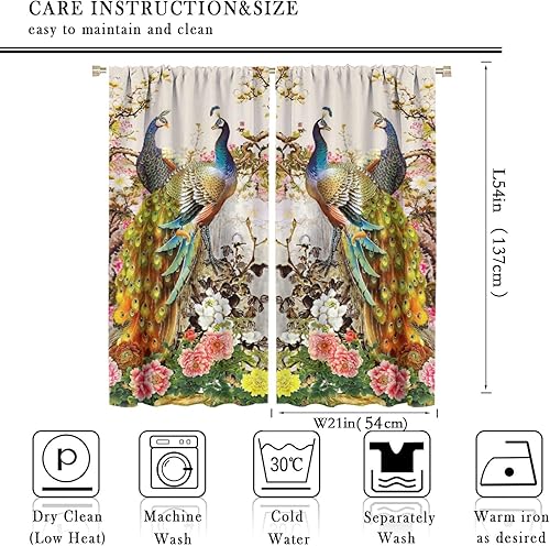 Miniatura 2 de Cortina opaca con estampado de pavo real, con estampado de animales retro, con bolsillo para cortinero y flores de peonía doradas, para dormitorio,