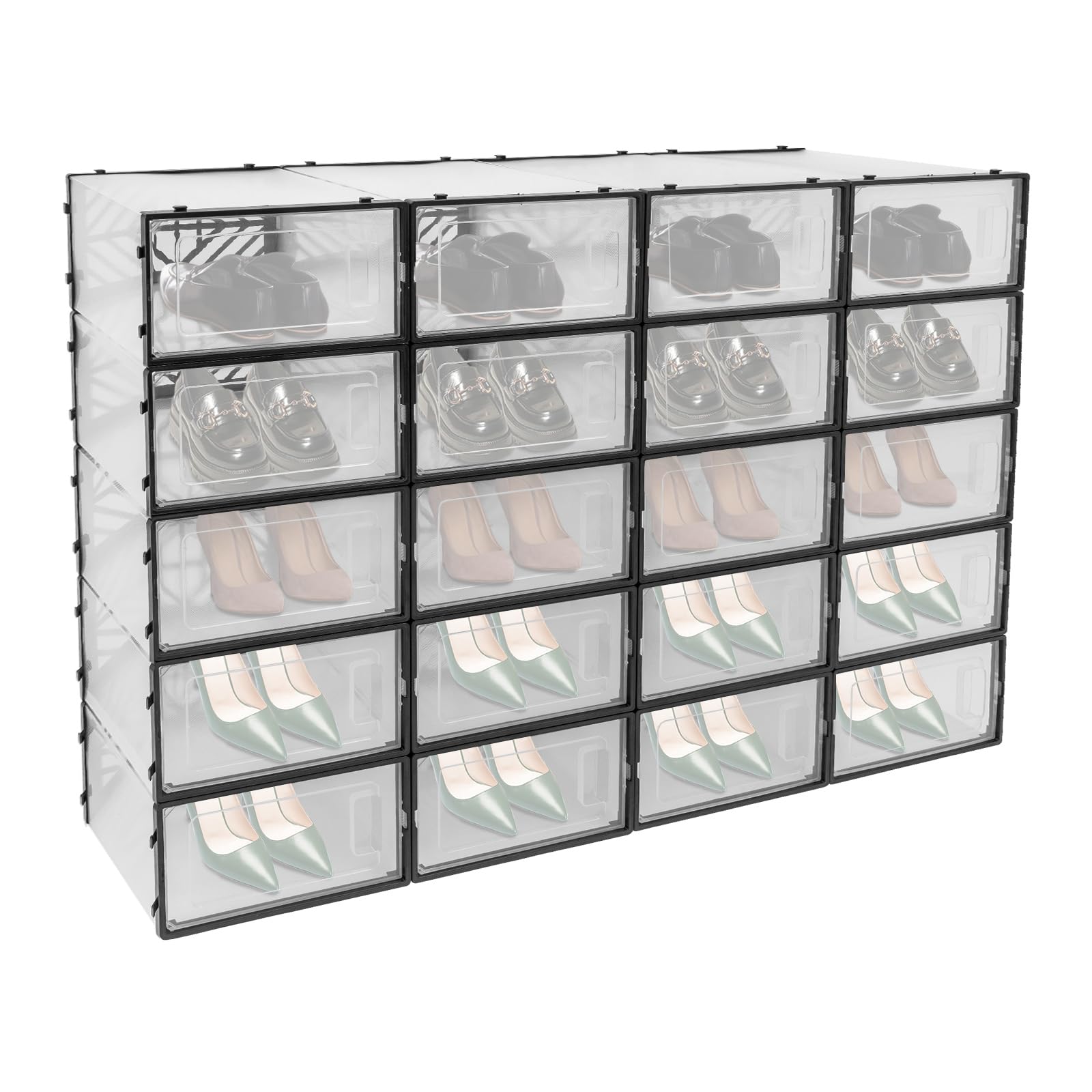 Cajas apilables para zapatos, juego de 20 cajas transparentes para zapatos, para salón, dormitorio, armario y oficina (negro)